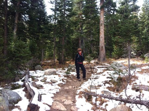 Person wearing a brown hat, sunglasses, and hiking gear standing on a snow-dusted forest trail surrounded by pine trees and rocks.