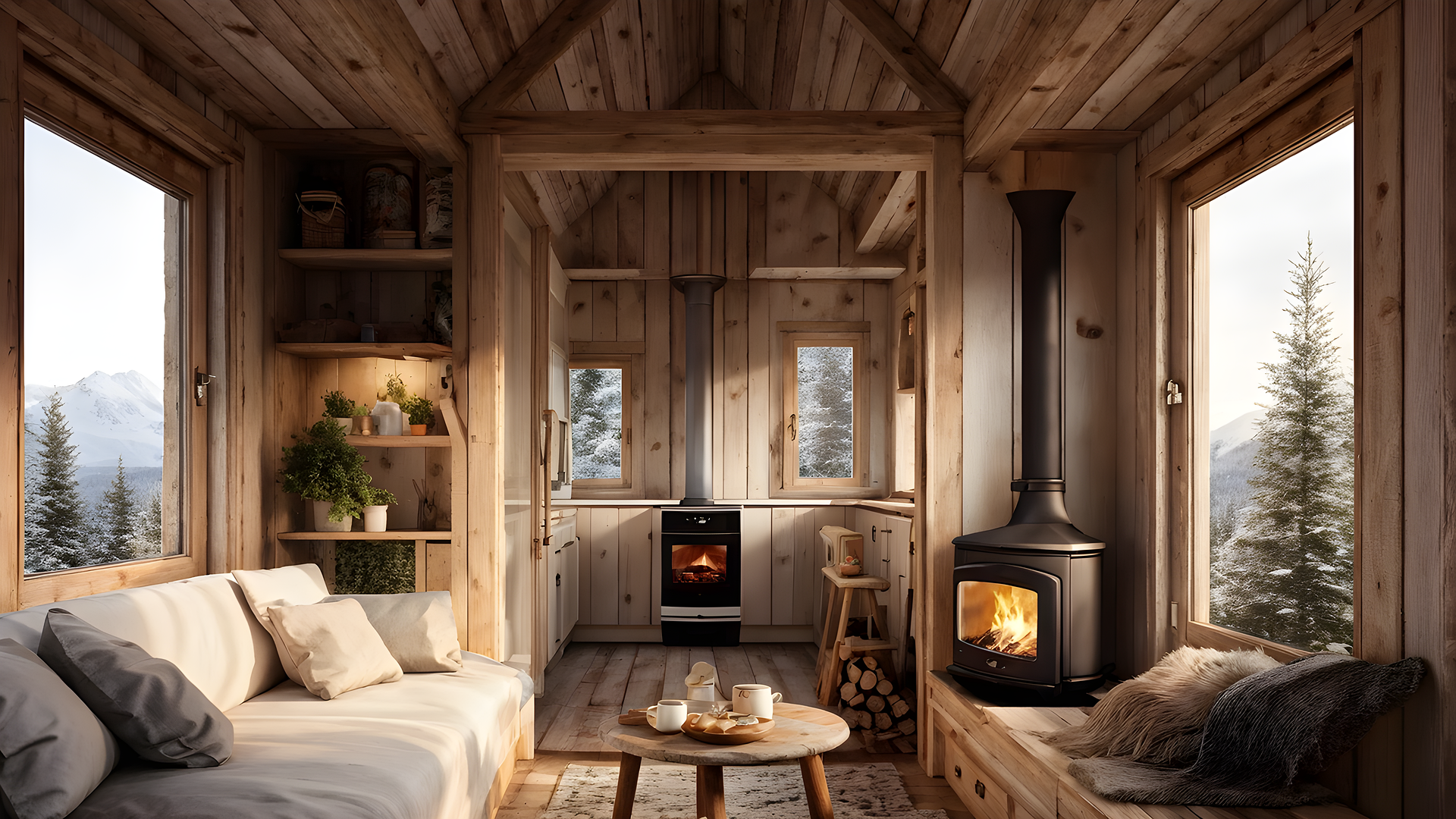 Cozy wooden cabin interior with a white couch, round wooden table with tea set, wood stove, and snowy mountain views through large windows.