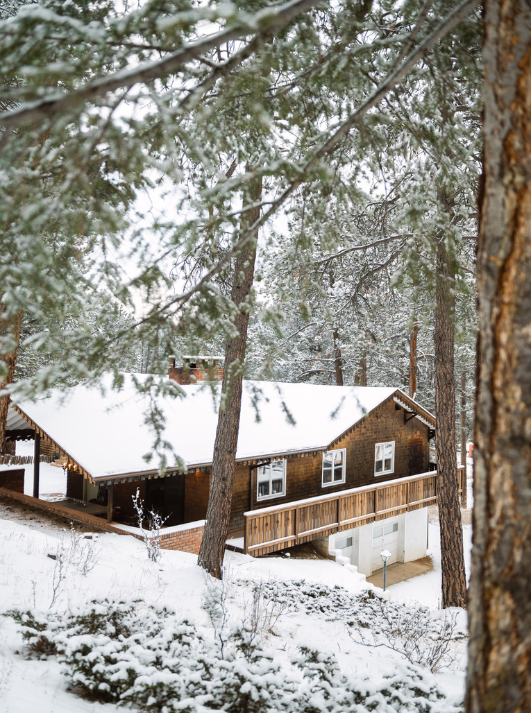 Snow-covered cabin with wooden siding and a pitched roof surrounded by pine trees in a snowy forest.