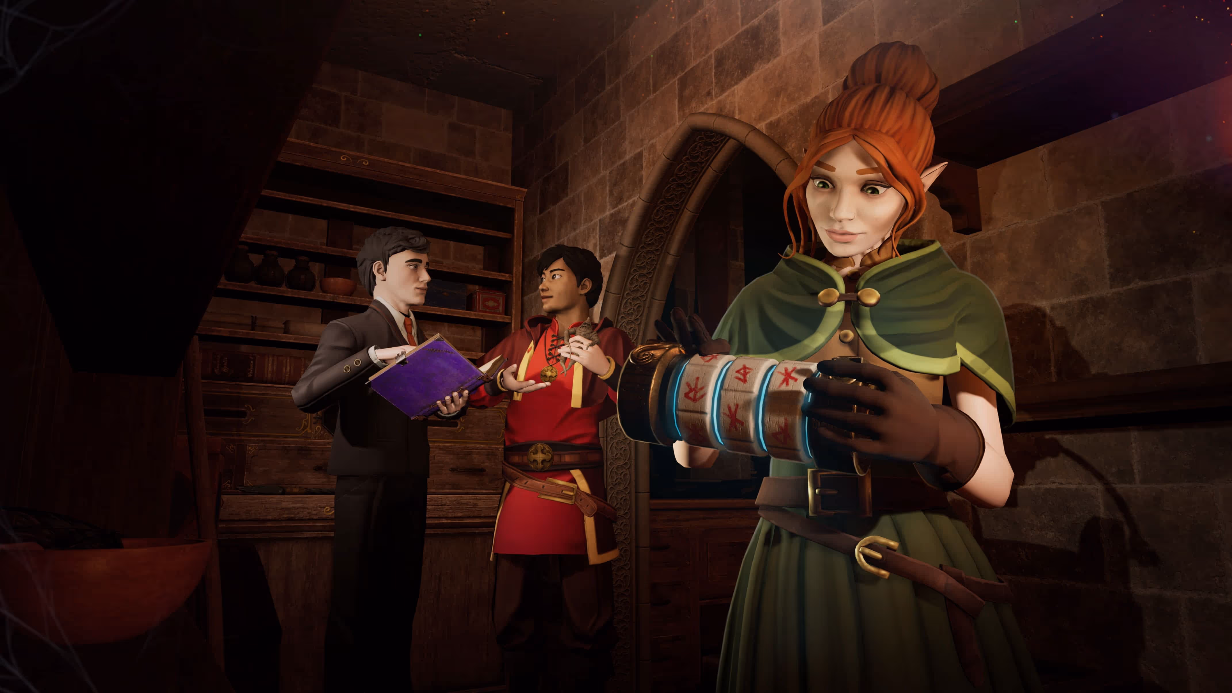 Two wizards with an open book and a third holding a cipher.