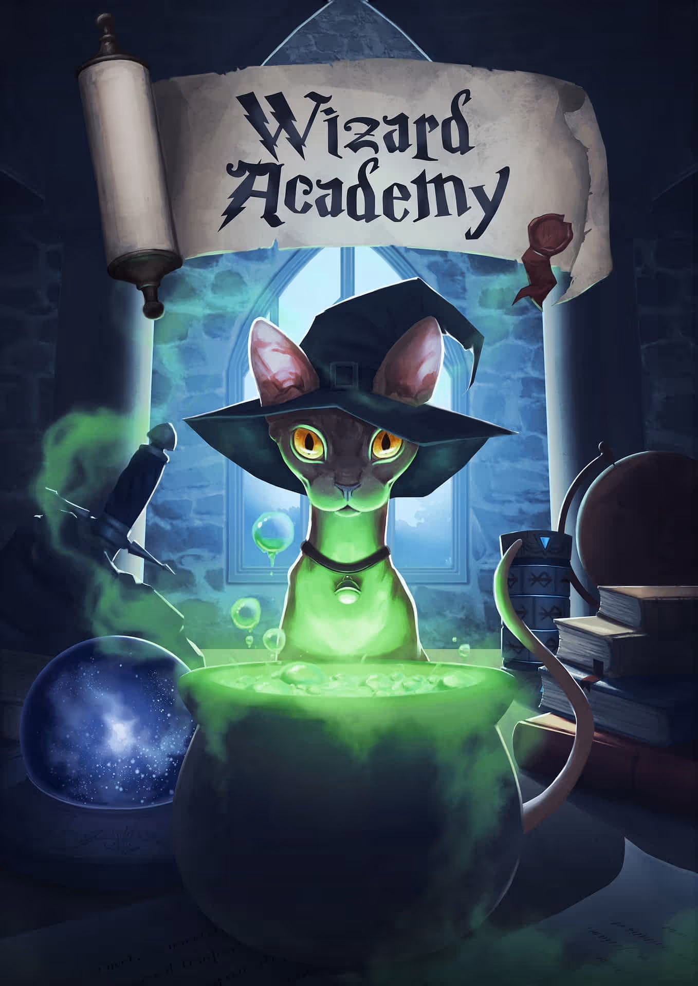A cat behind an alchemy pot with magical items floating around it.