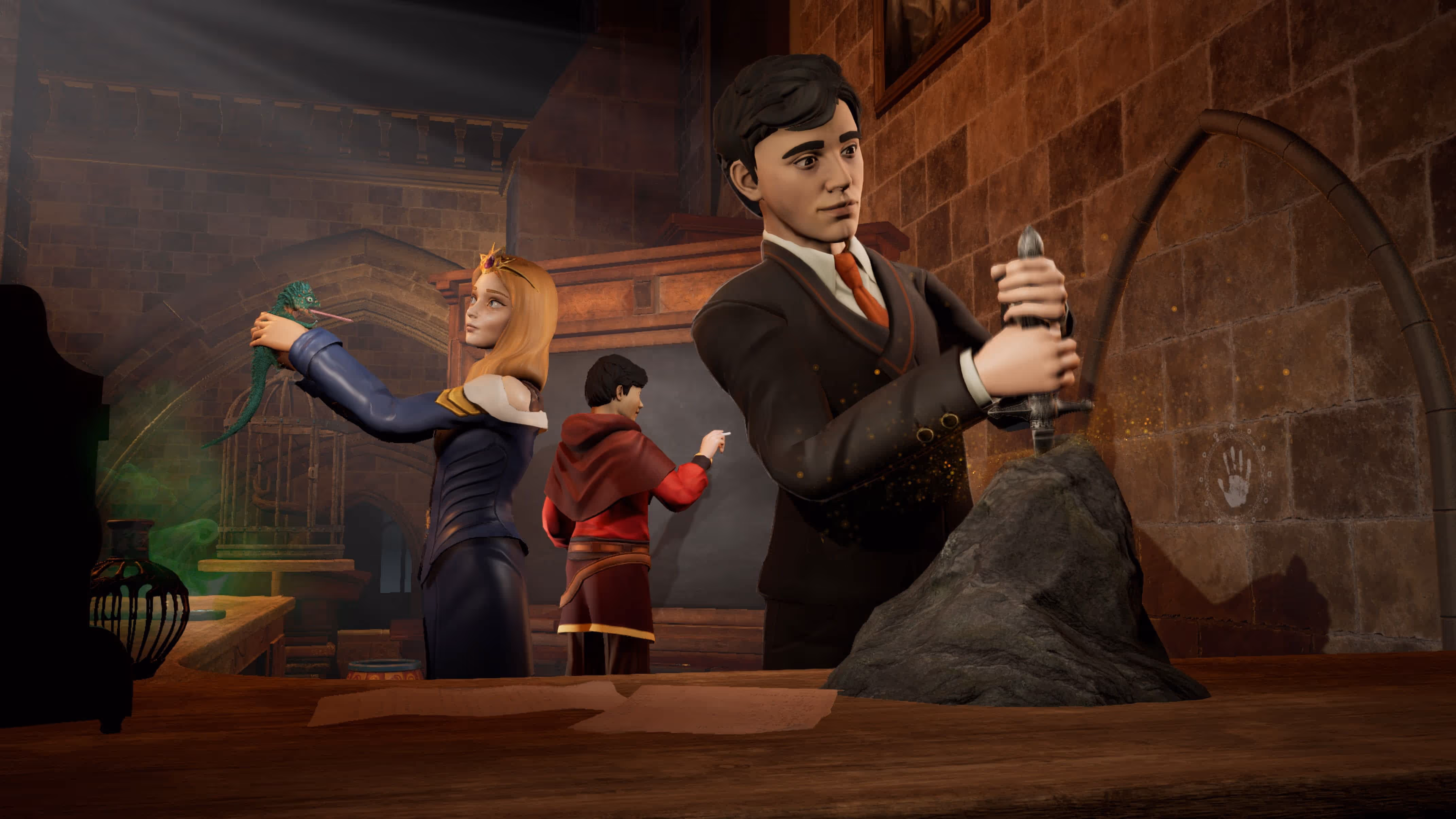 Three wizards pulling a sword out of a stone, holding a snake, and writing on a blackboard.