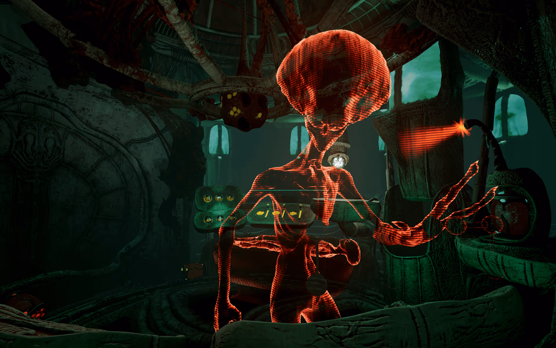 A hologram of an alien in a UFO.