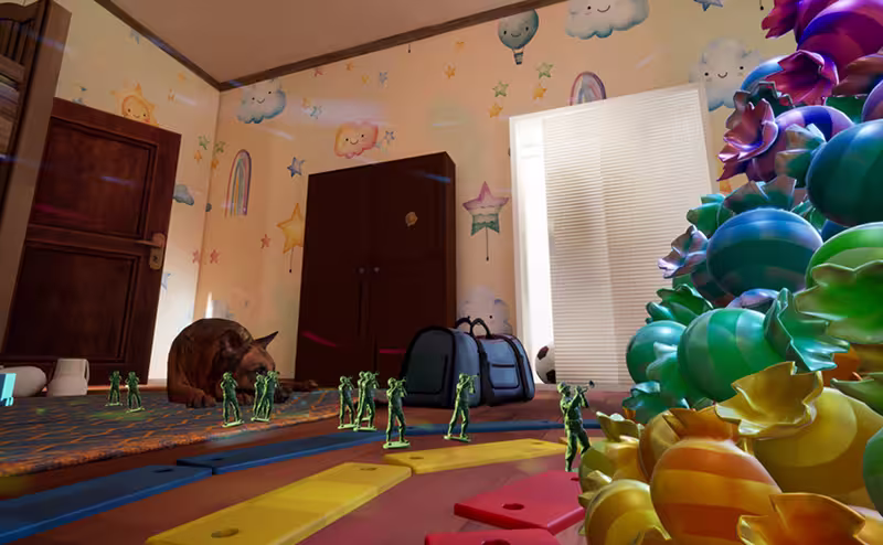 A cat crouches on a carpet in a colorful children's room with toy soldiers and oversized candy pieces scattered on the floor.