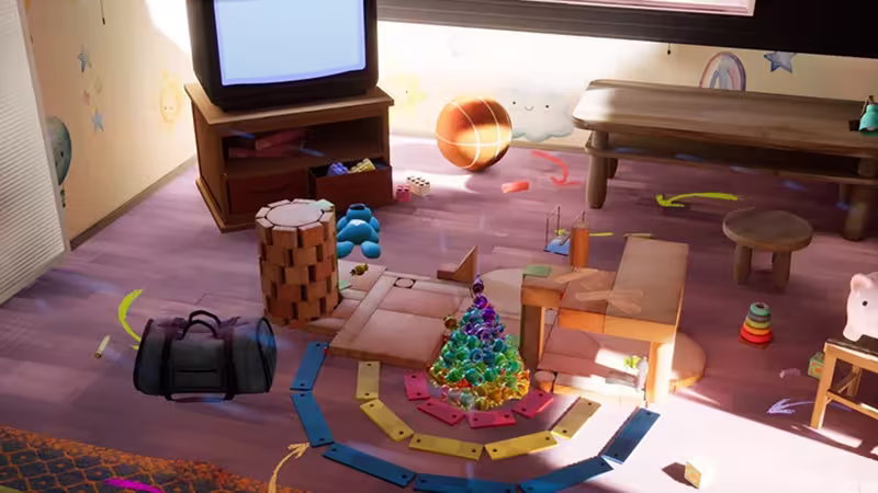 Colorful toy setup on a purple carpet with a small wooden chair, table, basketball, and a vintage TV in a cozy room.