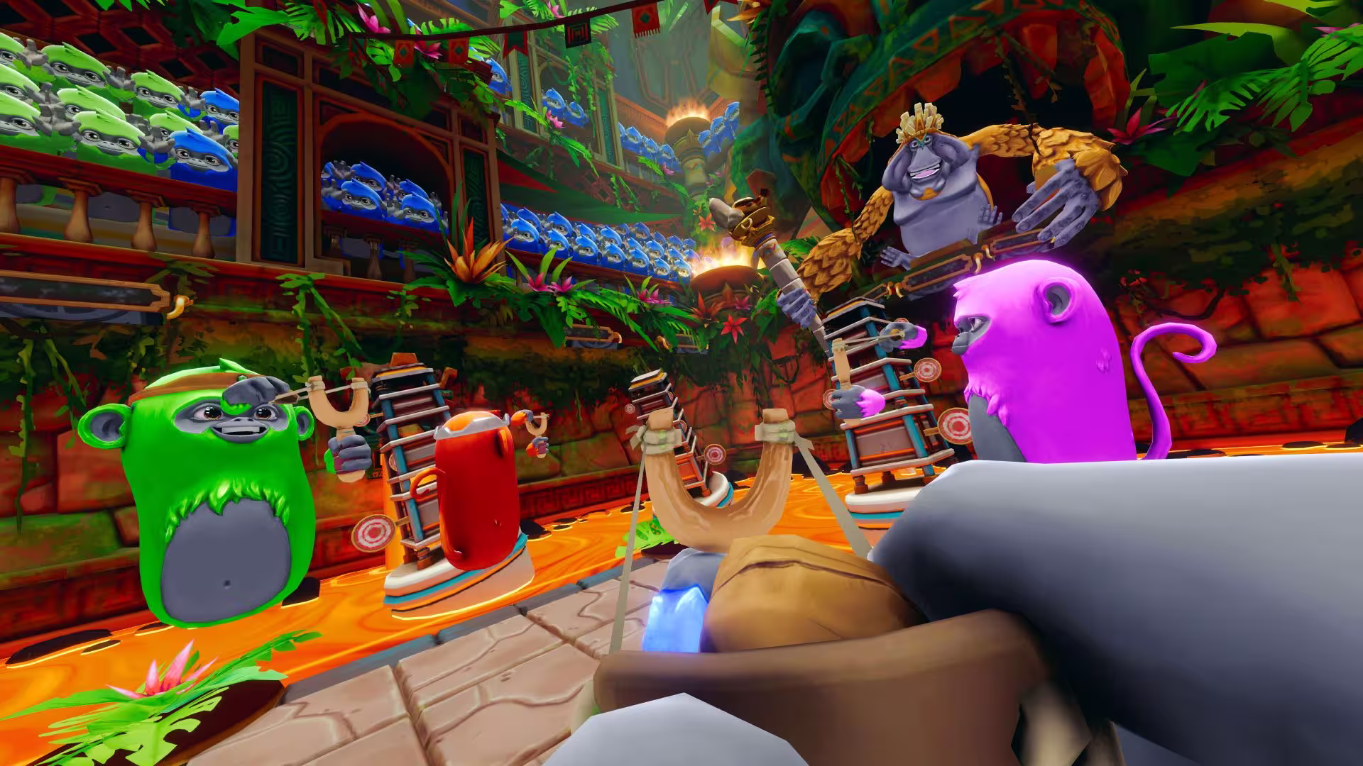 Colorful animated monkeys in a jungle arena preparing to use slingshots towards targets in a vibrant game setting.