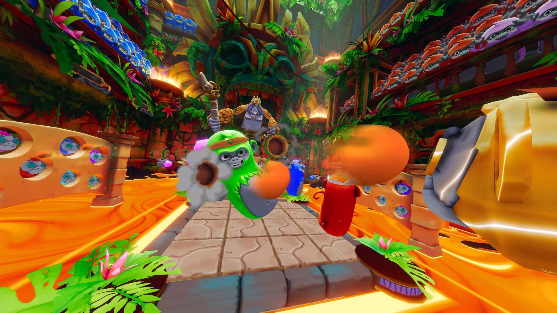 Colorful animated monkey characters playing a game in a vibrant jungle temple with lava and large totem-like faces in the background.