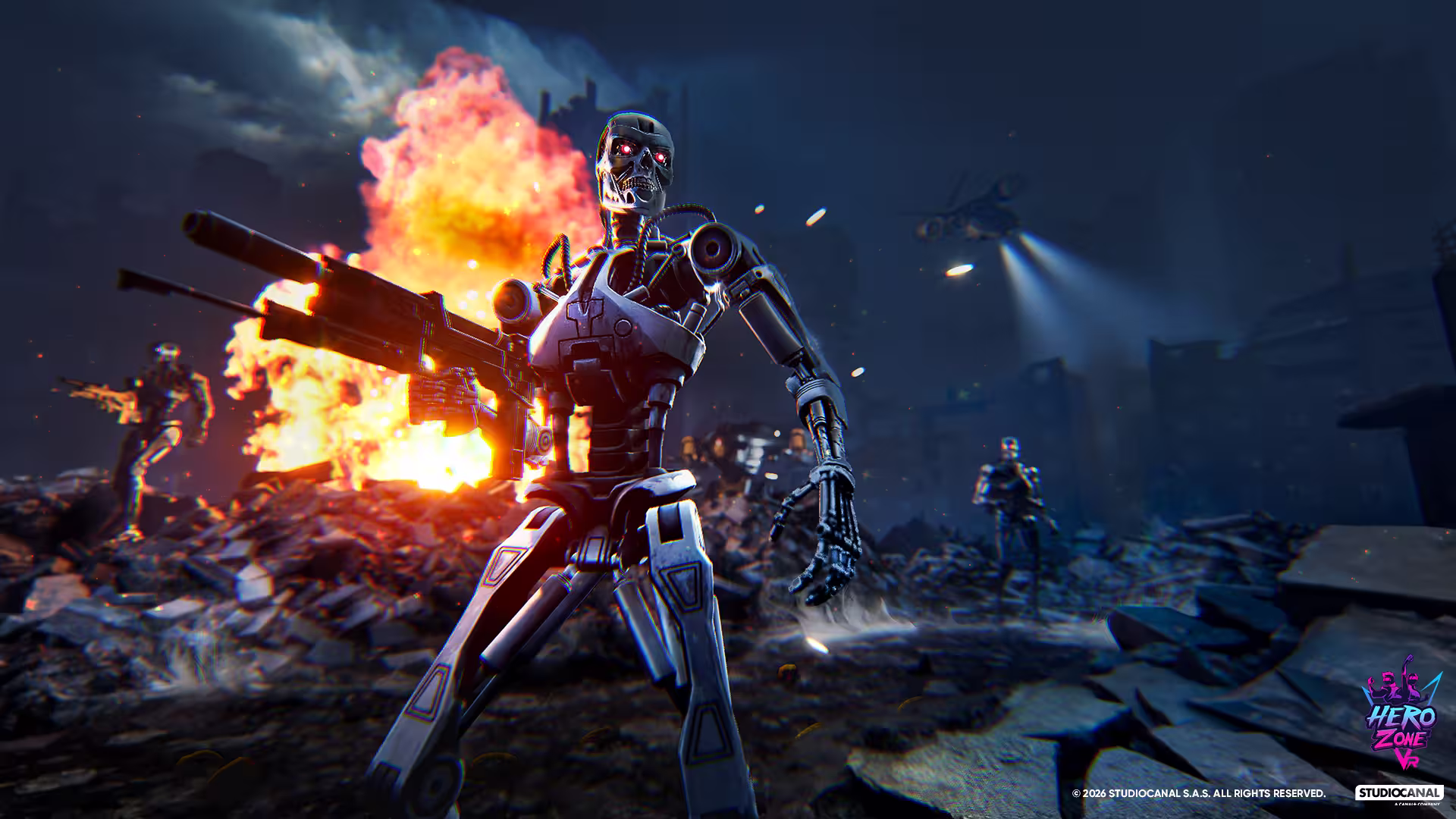 Terminator with glowing red eyes firing a large gun in a fiery post-apocalyptic battlefield with destroyed buildings and a helicopter spotlight.