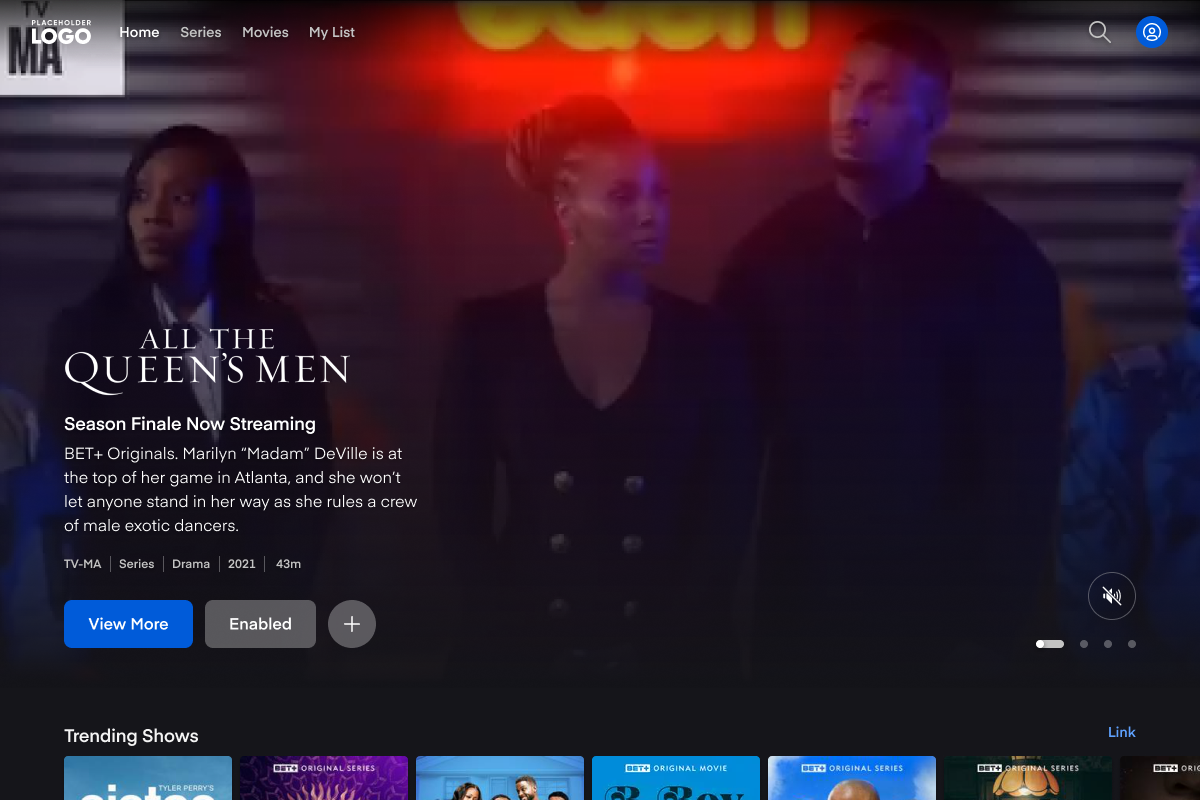Web prototype with the featured preview playing. The title and synopsis sit on the video, and mute sits at the right.