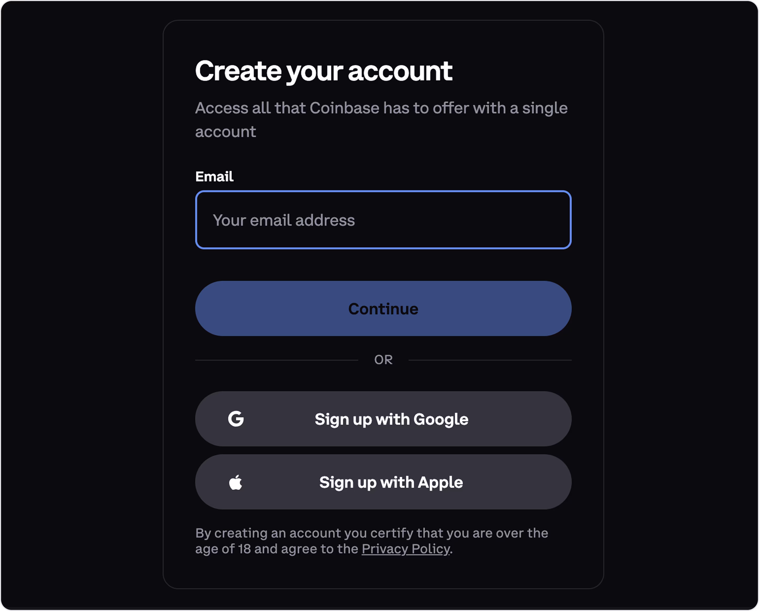 Coinbase registration form 