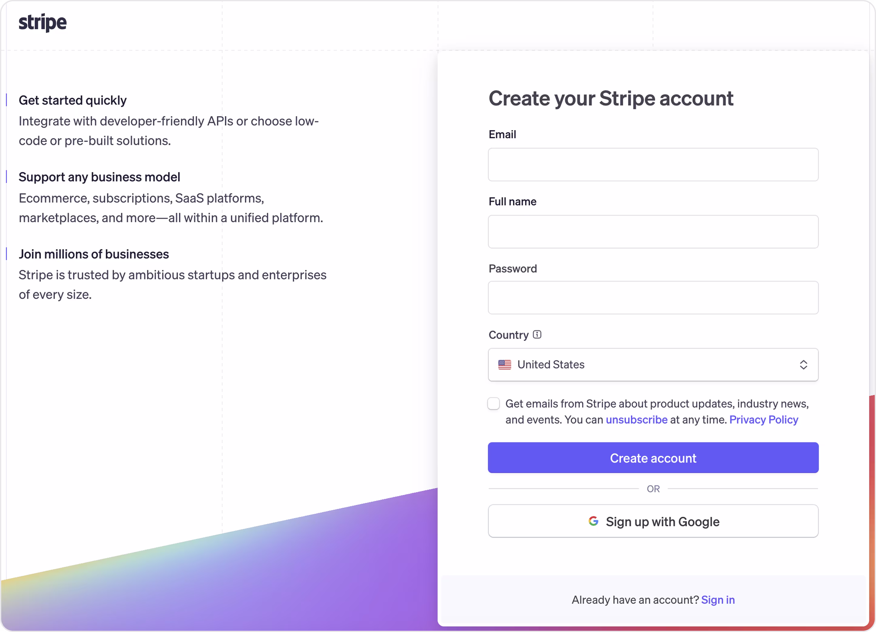 Stripe registration form