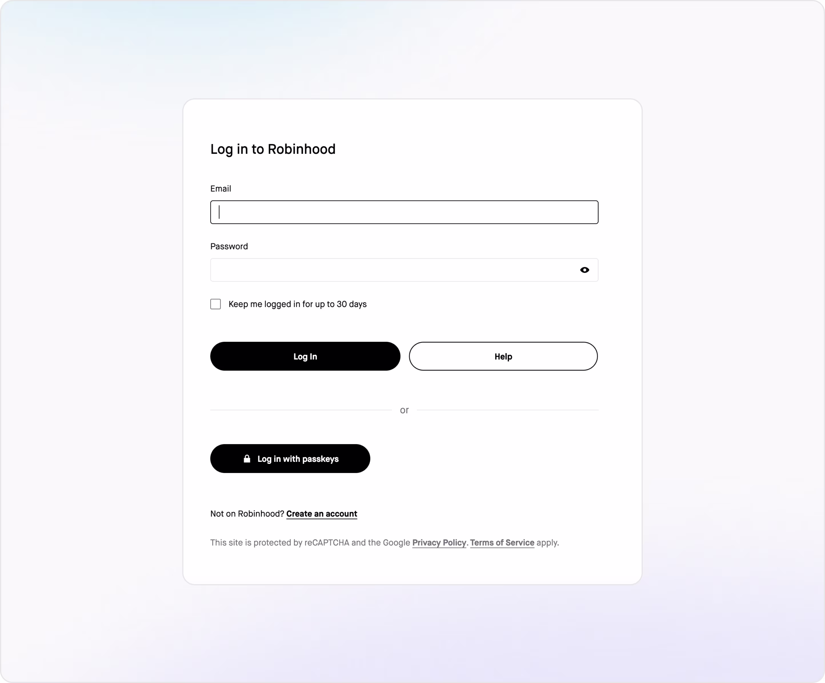Robinhood authentication form