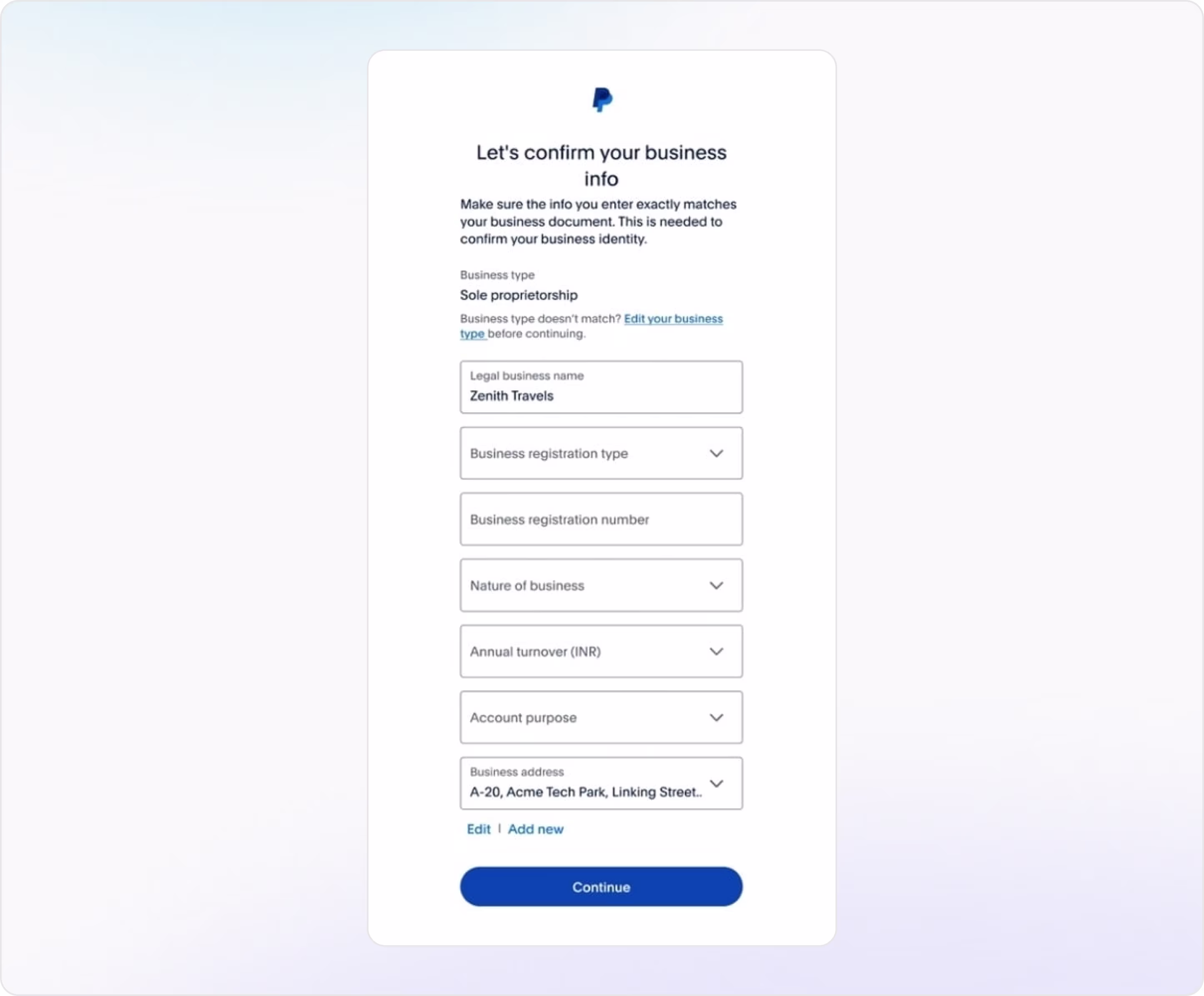 PayPal KYC / KYB / AML form