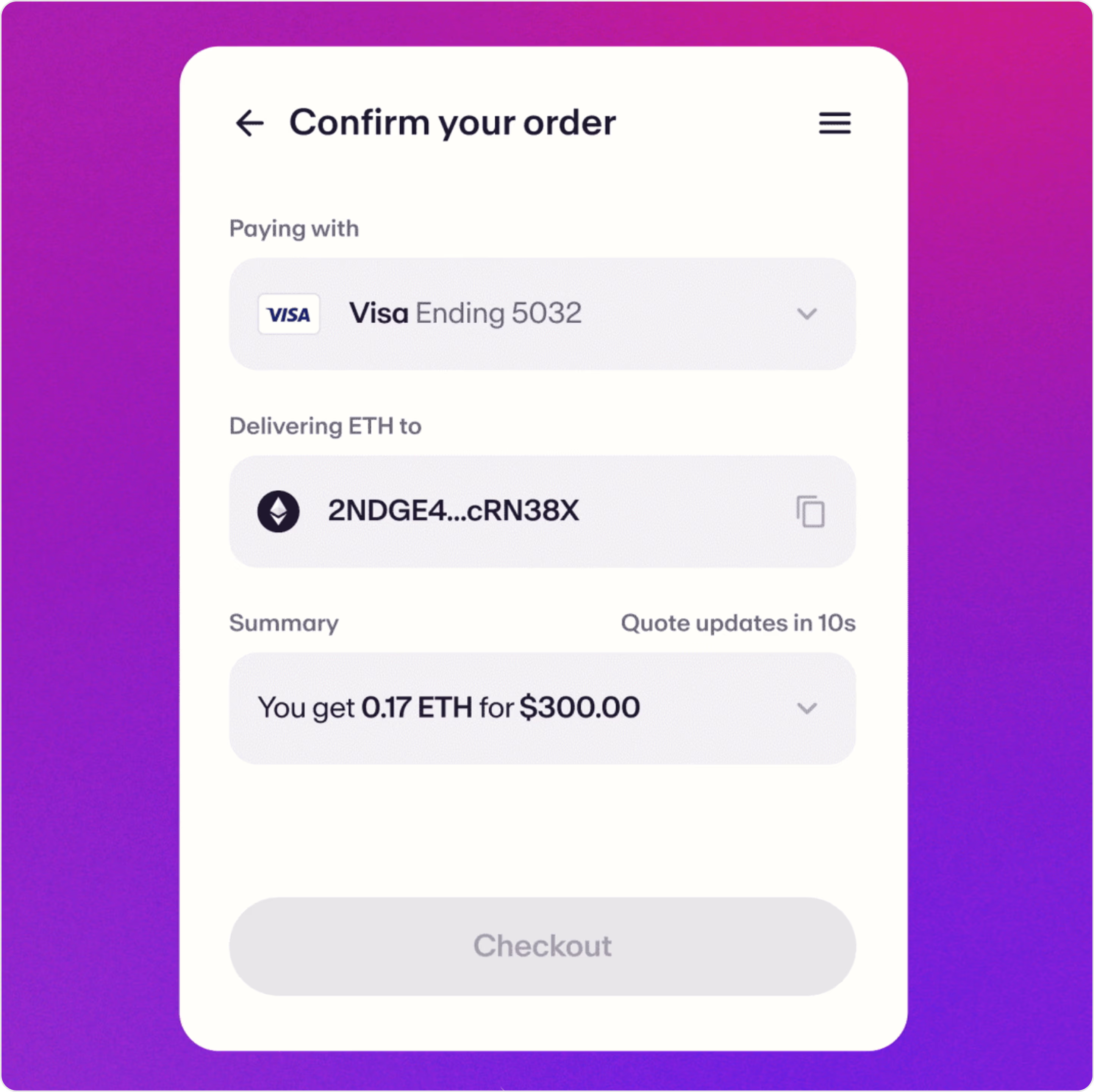 Moonpay checkout form