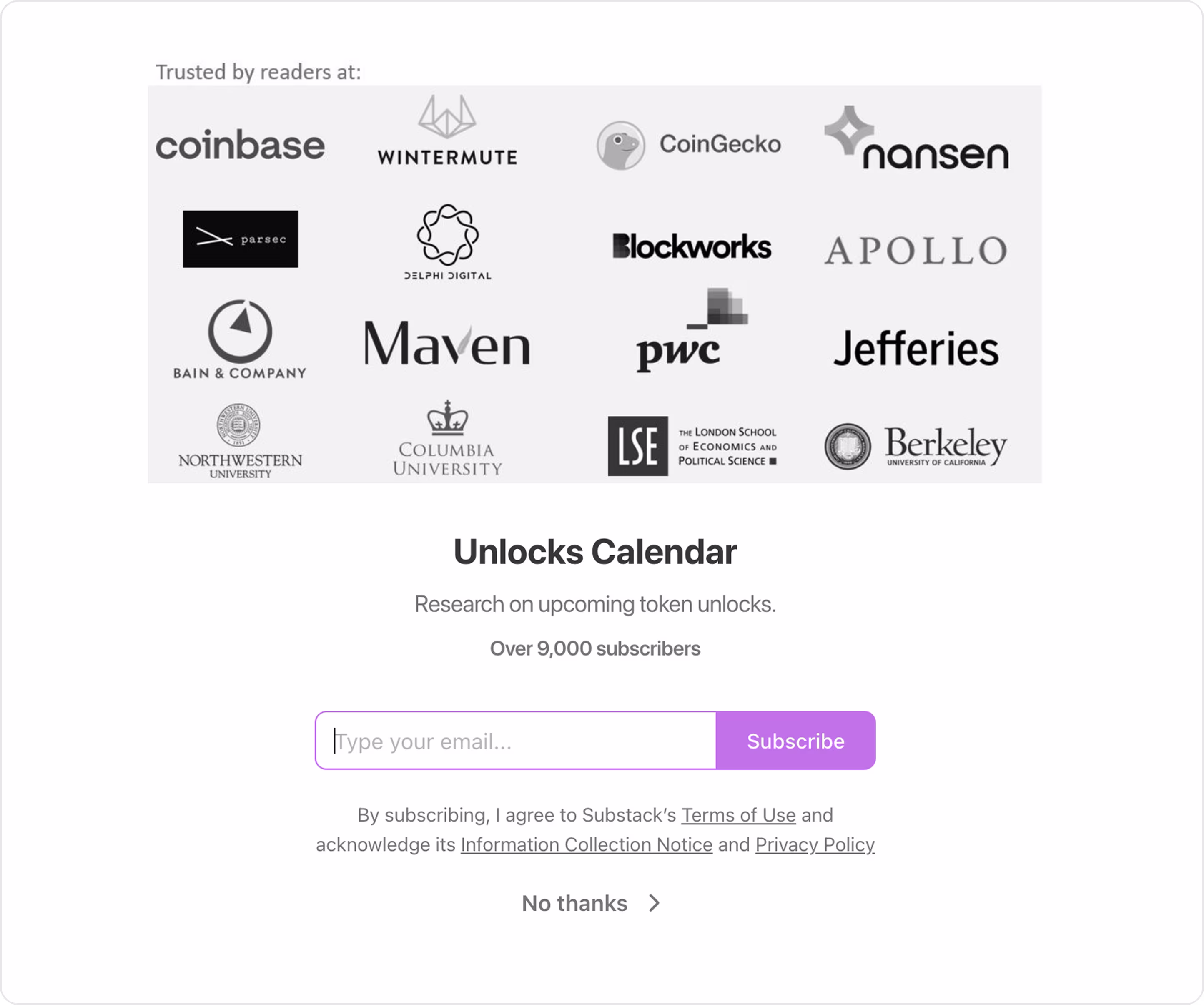 Unlocks Calendar subscription form