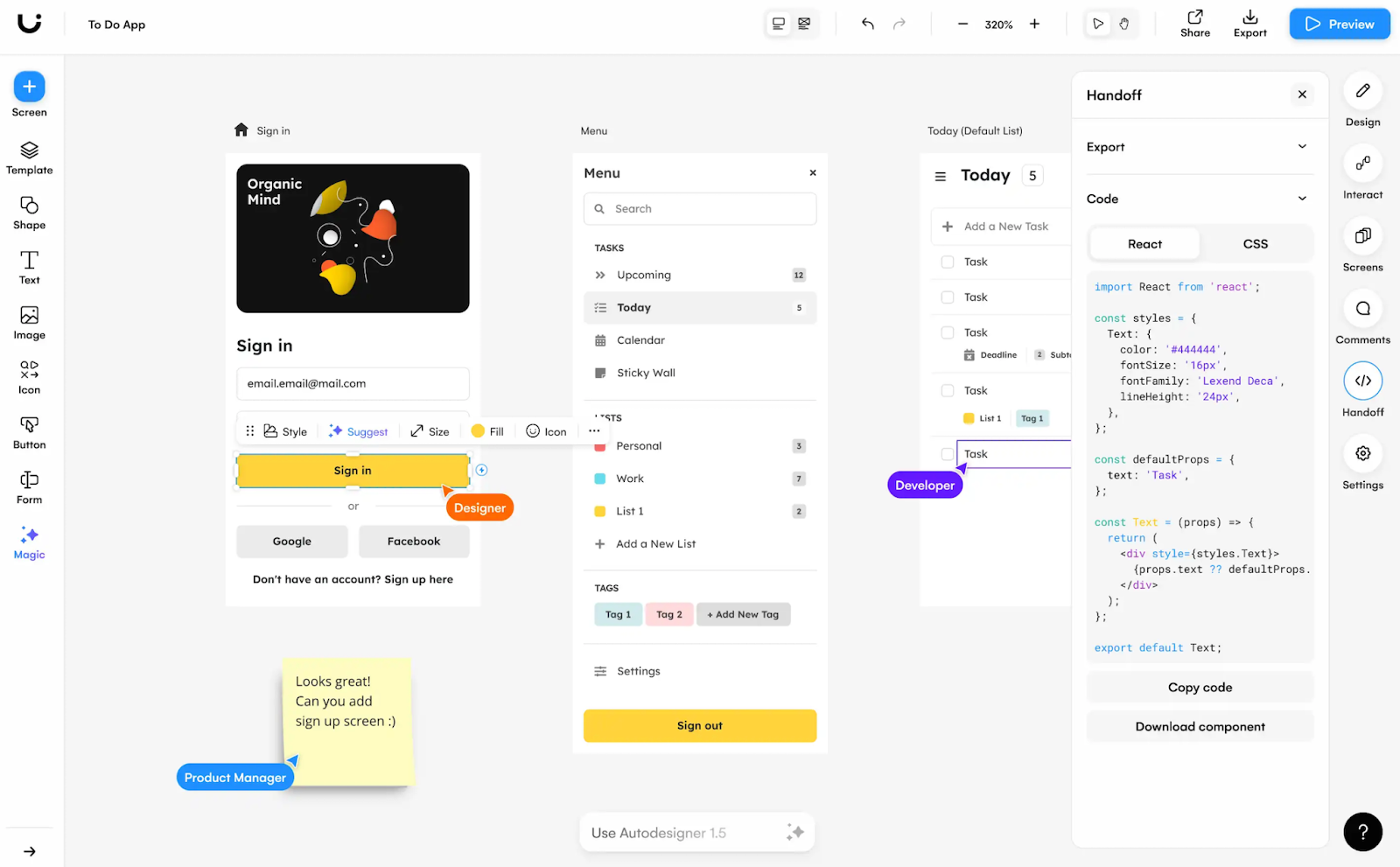 Uizard product design example