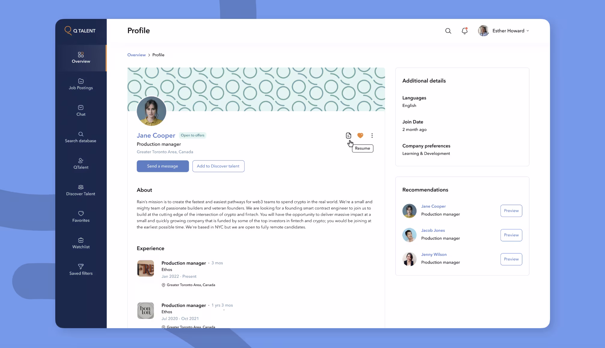 QTalent Profile Page example
