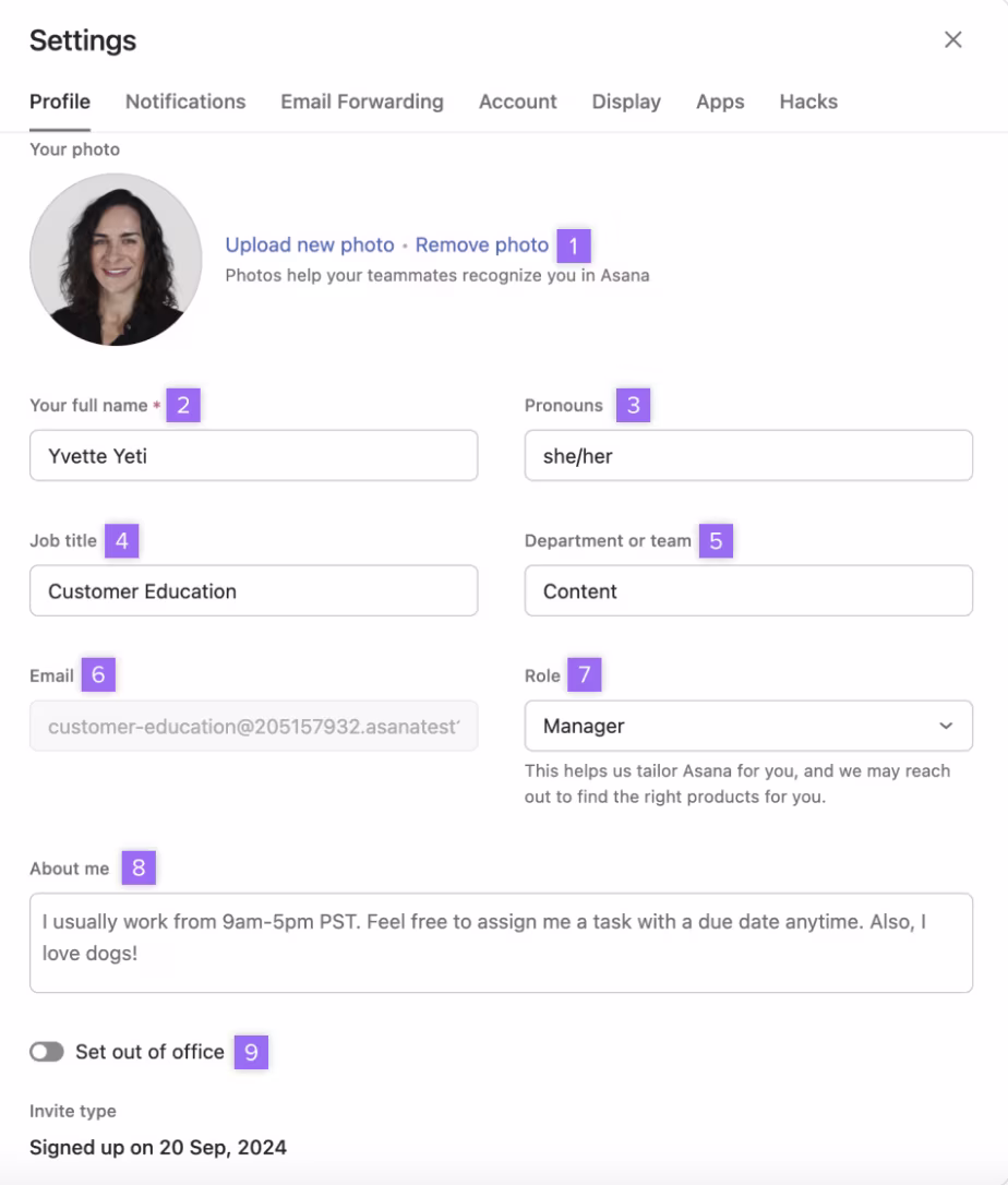 Asana Profile Page example