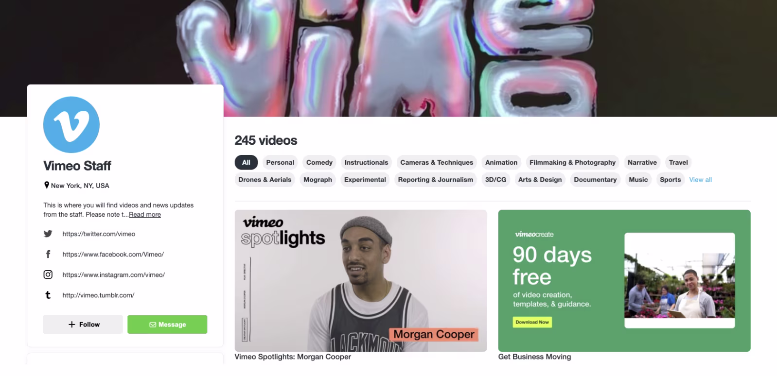 Vimeo Profile Page example