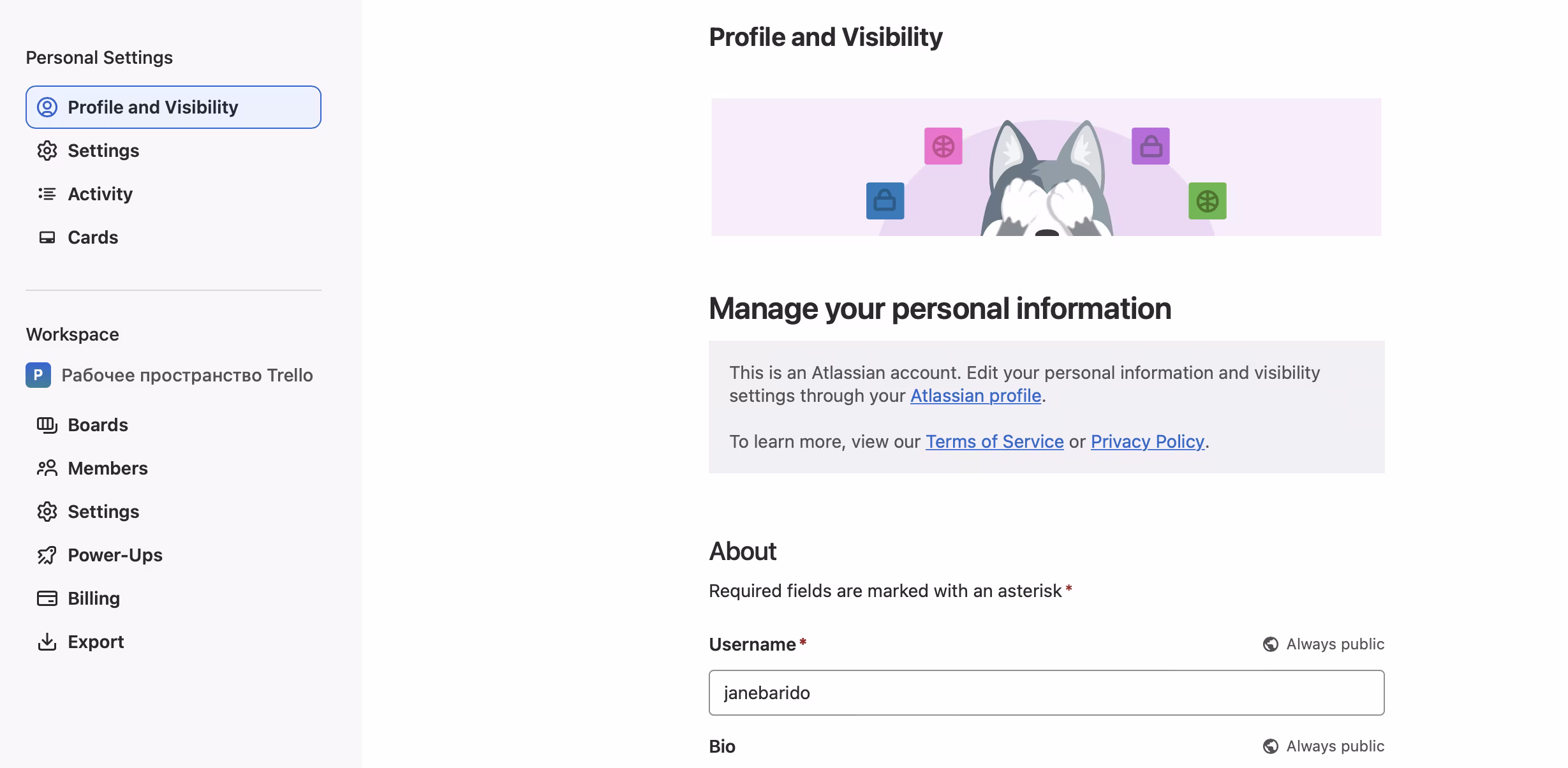 Trello Profile Page example