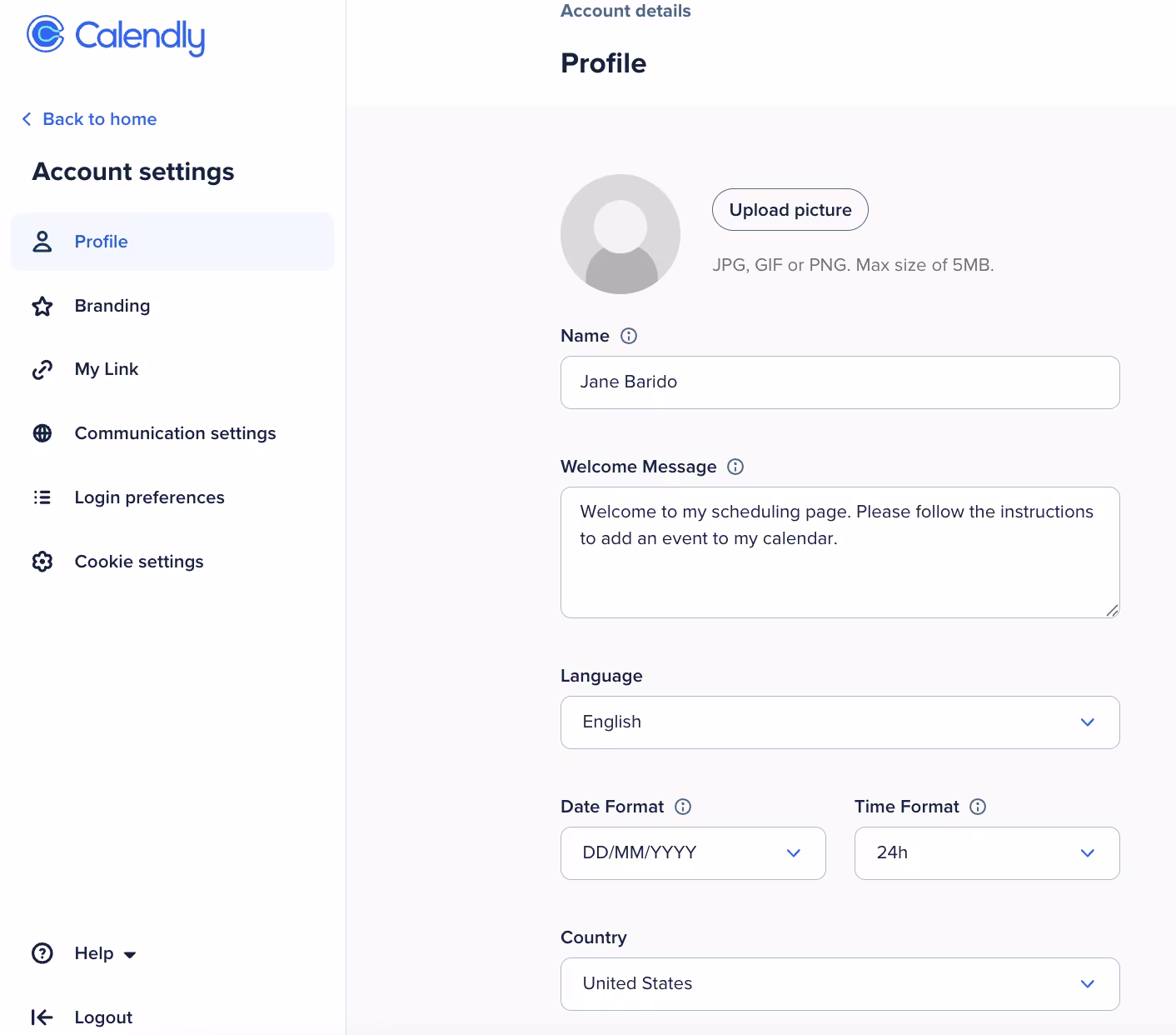 Calendly Profile Page example