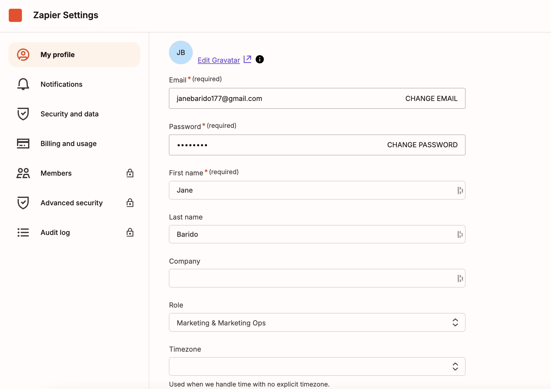 Zapier Profile Page example