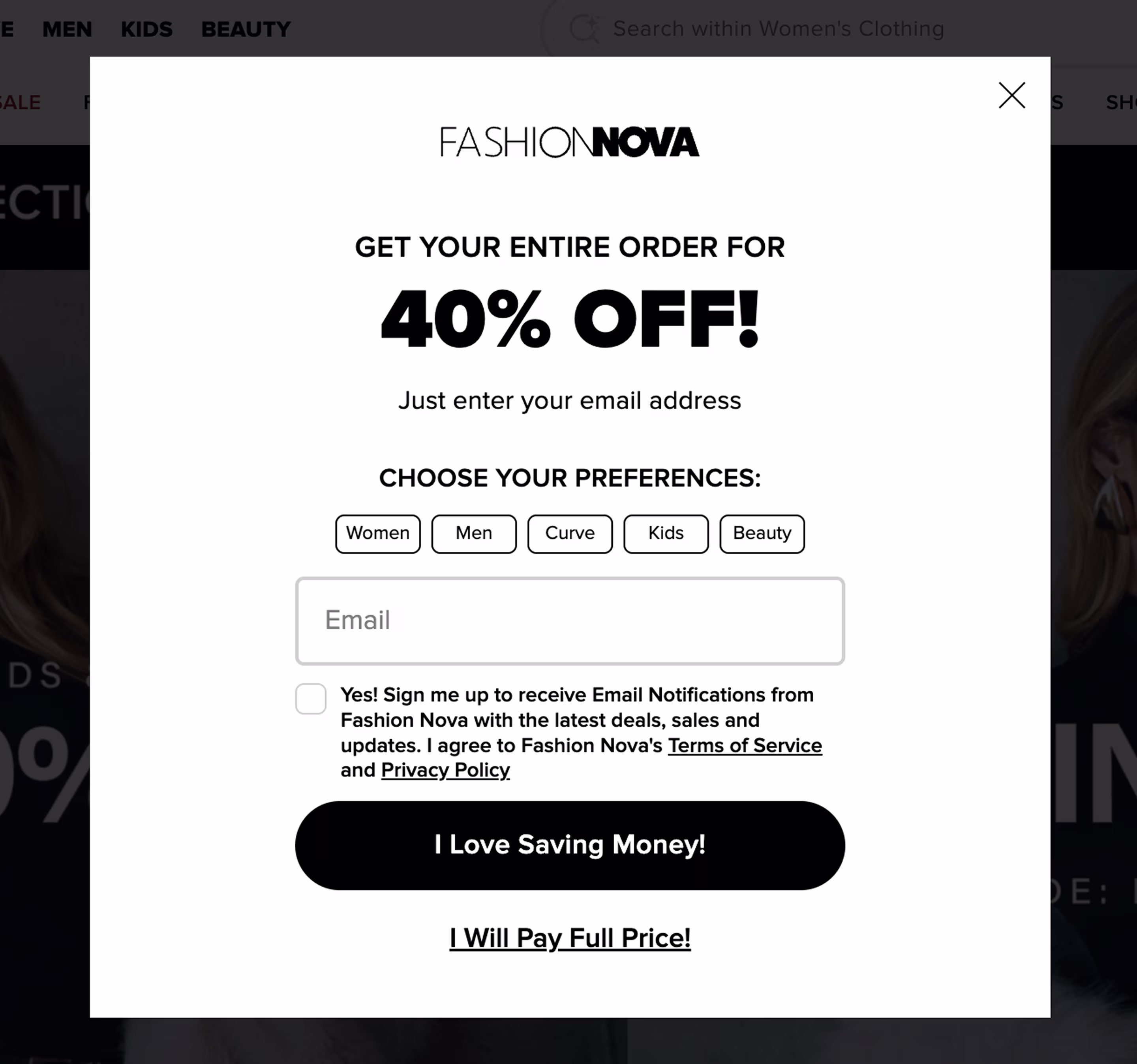 Confirmshaming dark pattern example from Fashionnova