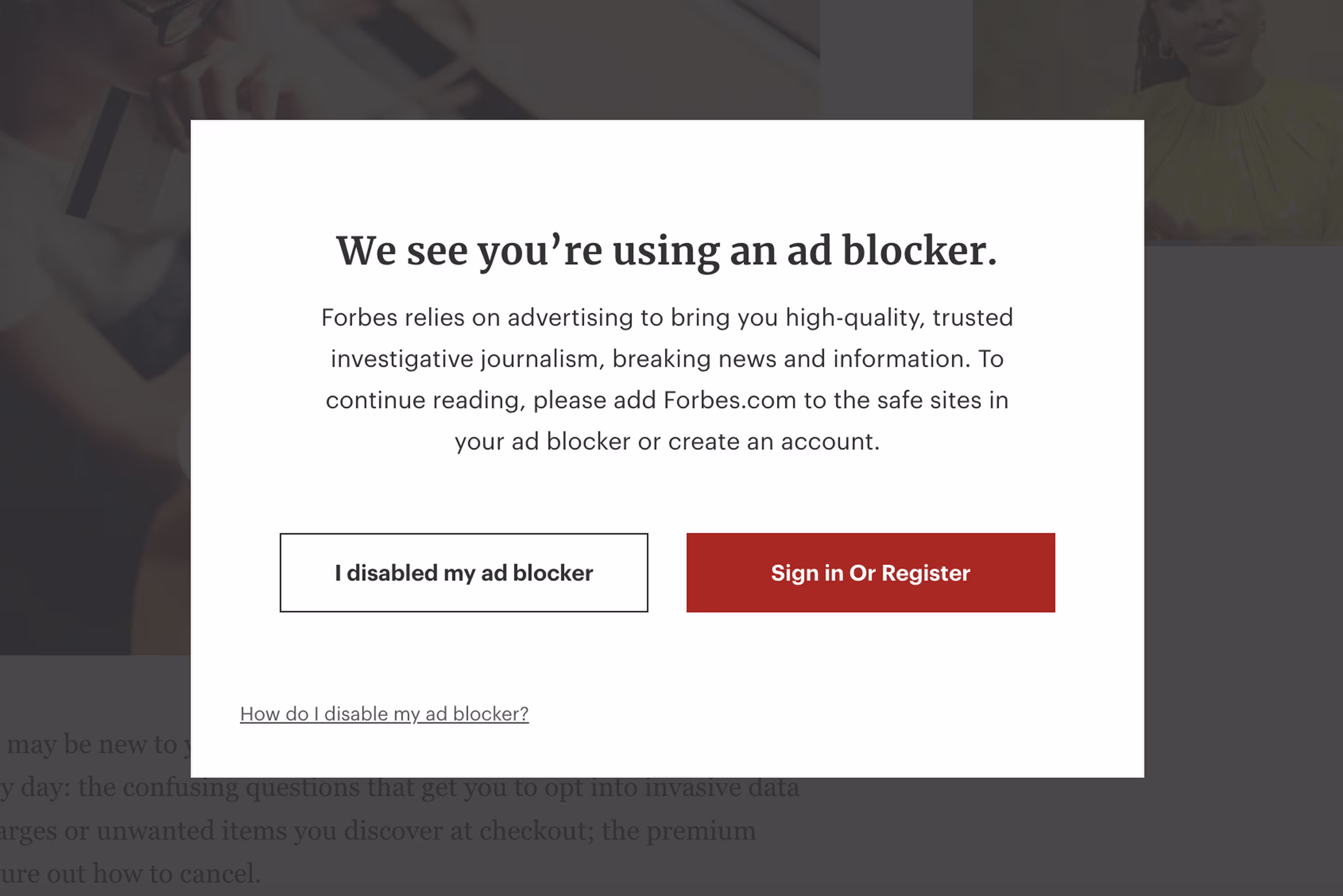 Obstruction dark pattern example from Forbes