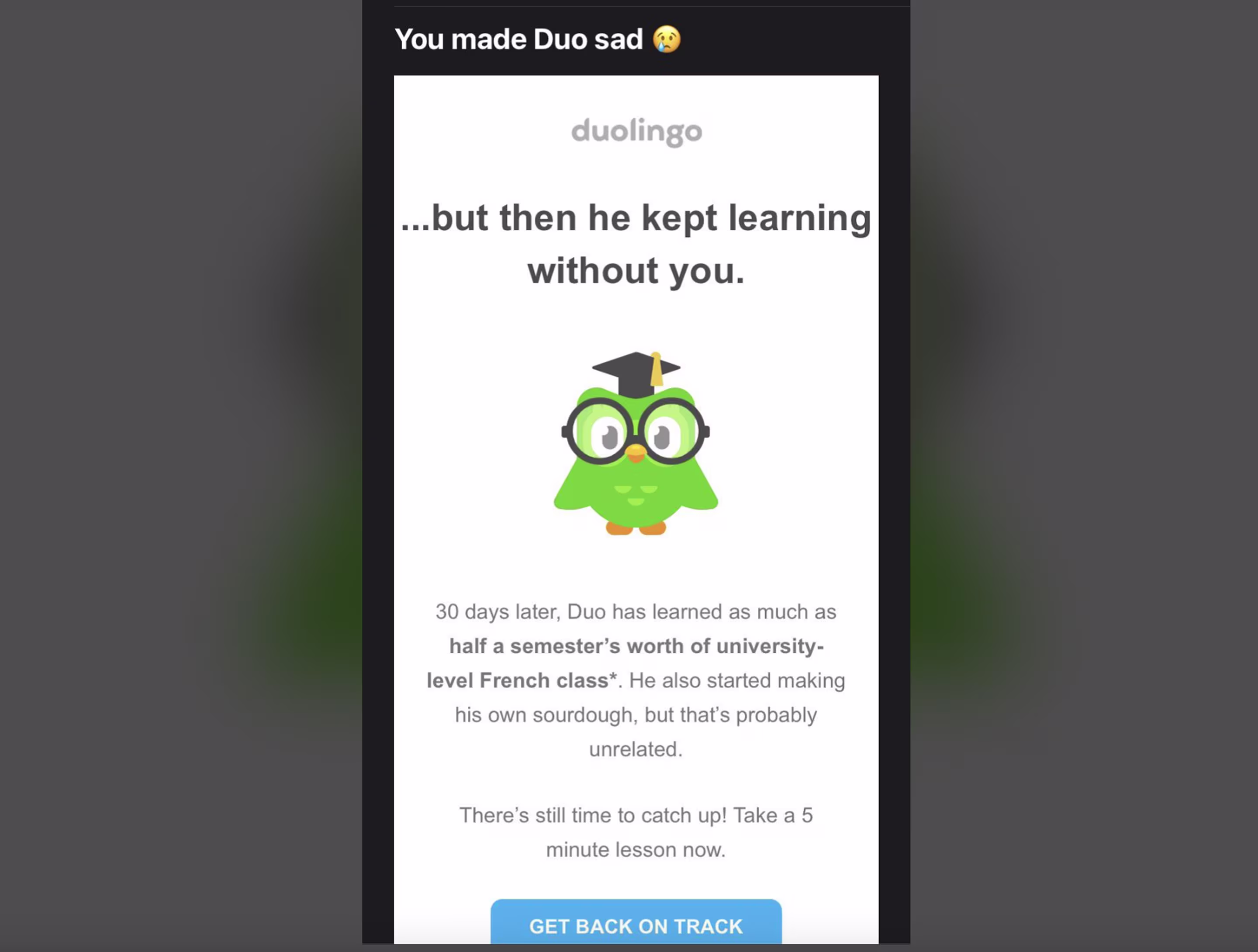 Manipulative Feedback dark pattern example from Duolingo