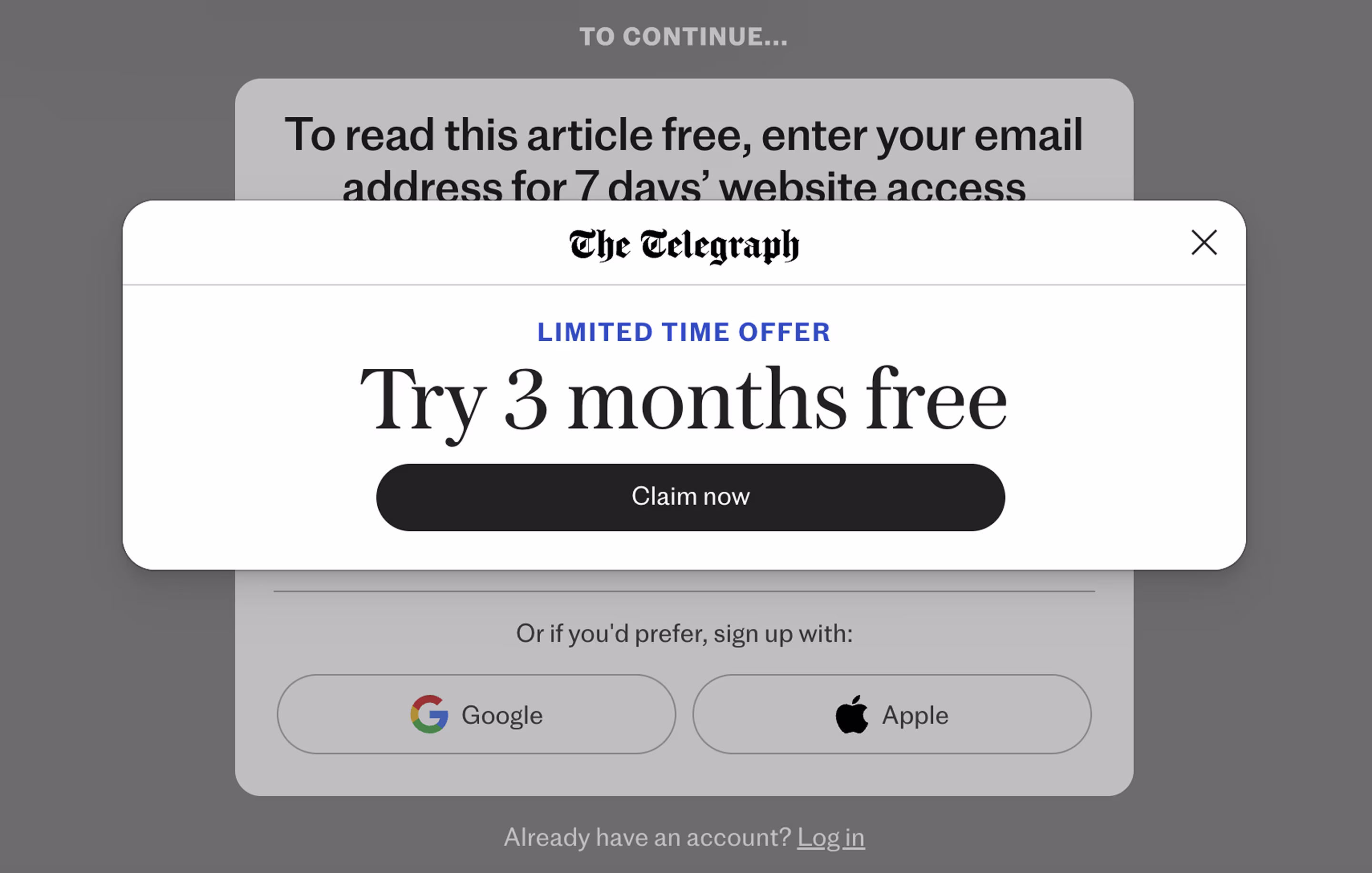 Interface interference dark pattern example from The Telegraph