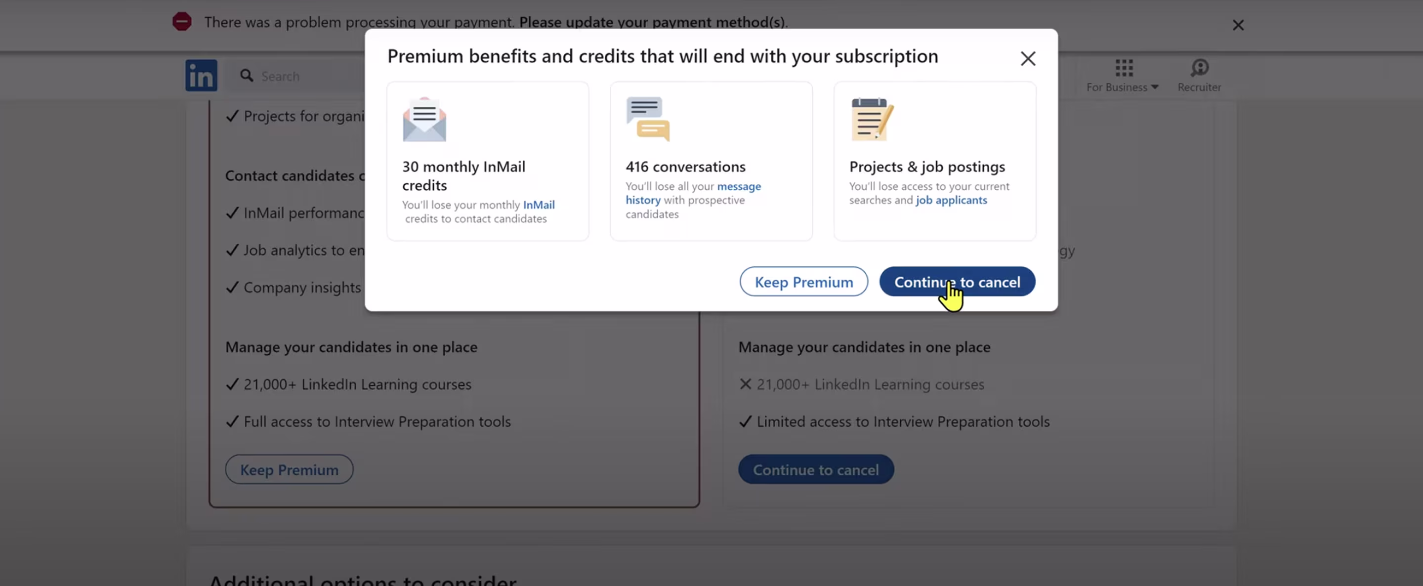 Forced continuity dark pattern example from LinkedIn