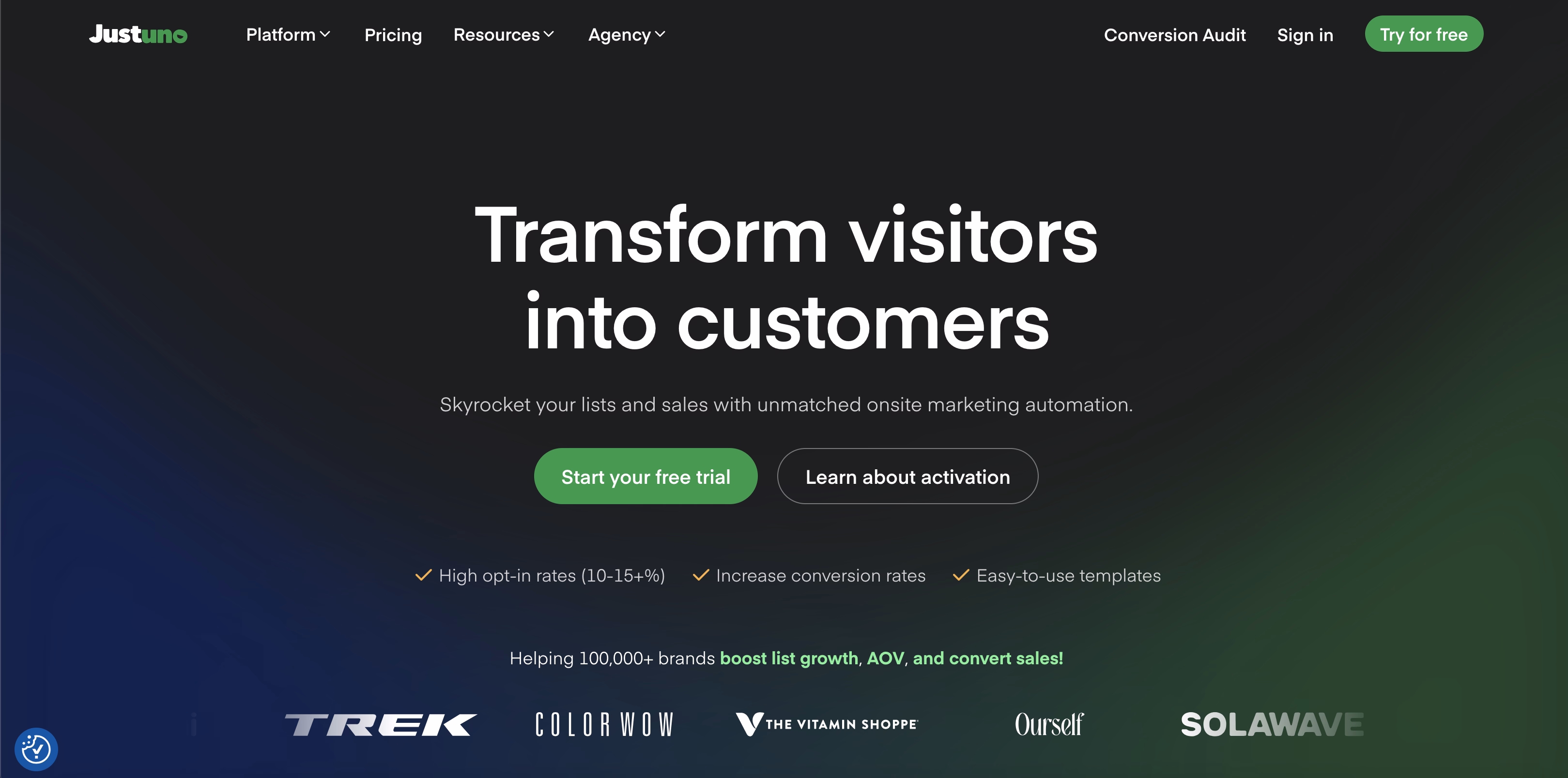 Justuno homepage example