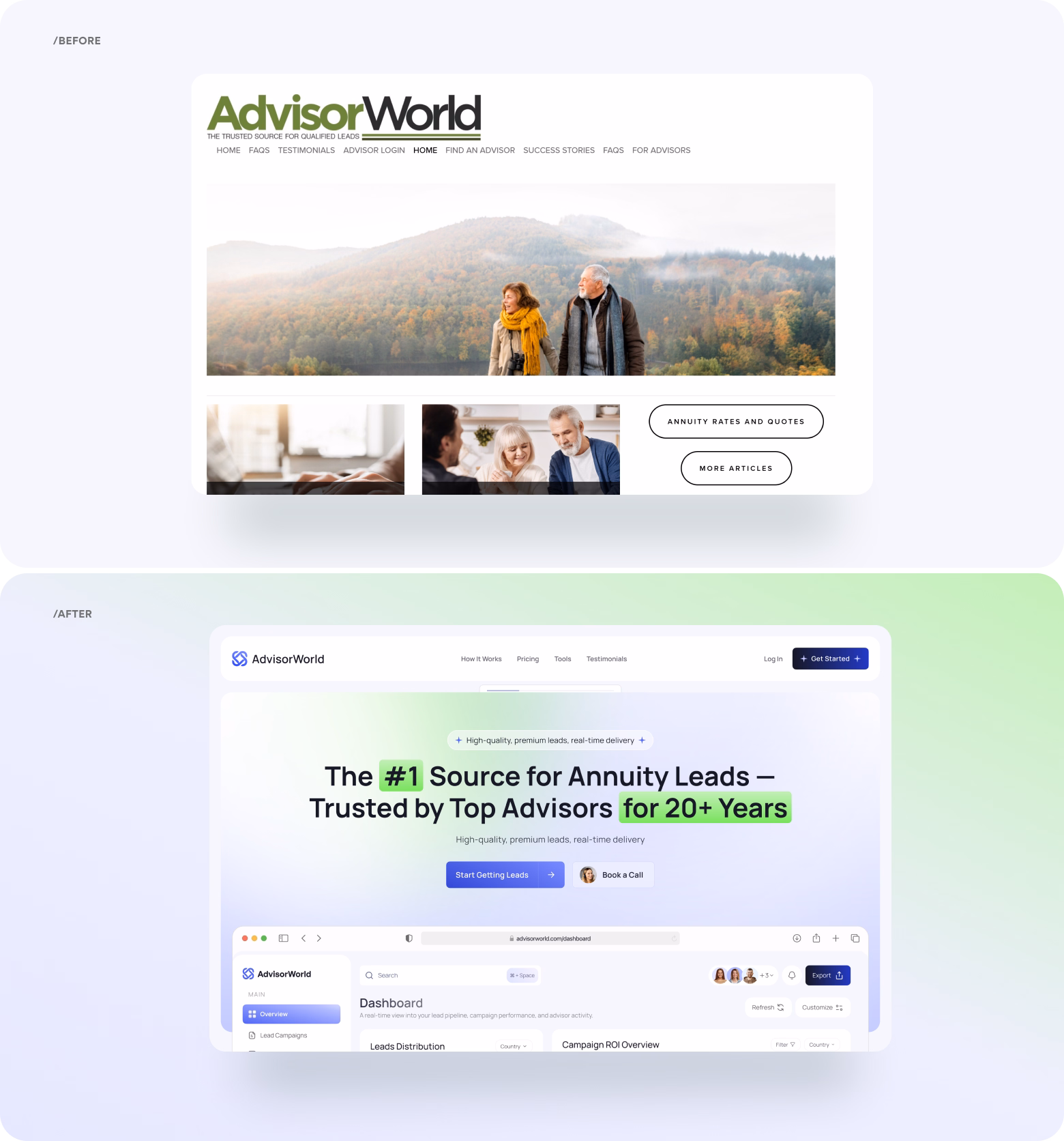 AdvisorWorld homepage designs (before/after)
