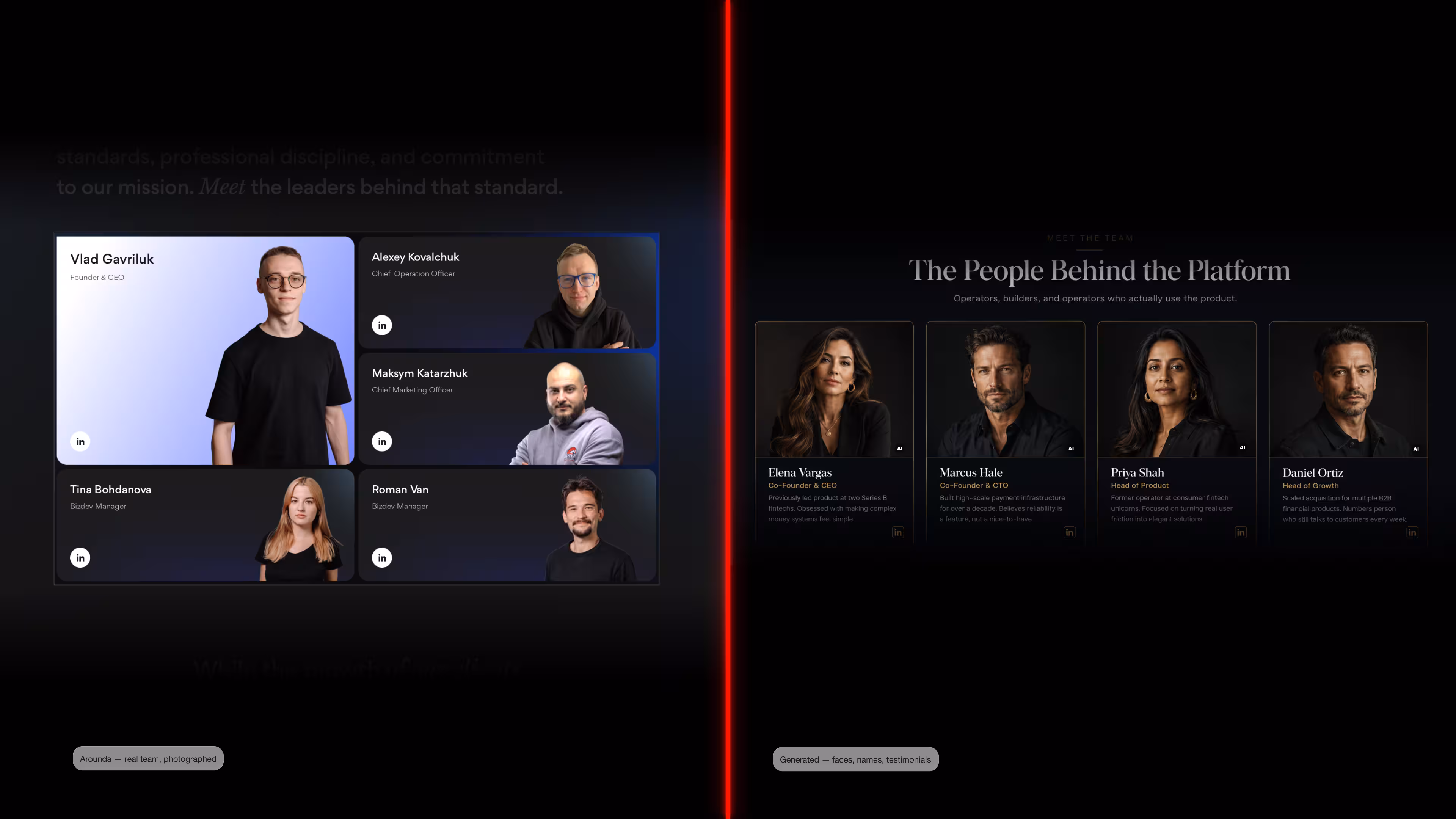 Real photos of Arounda team members vs deepfake disclosure example