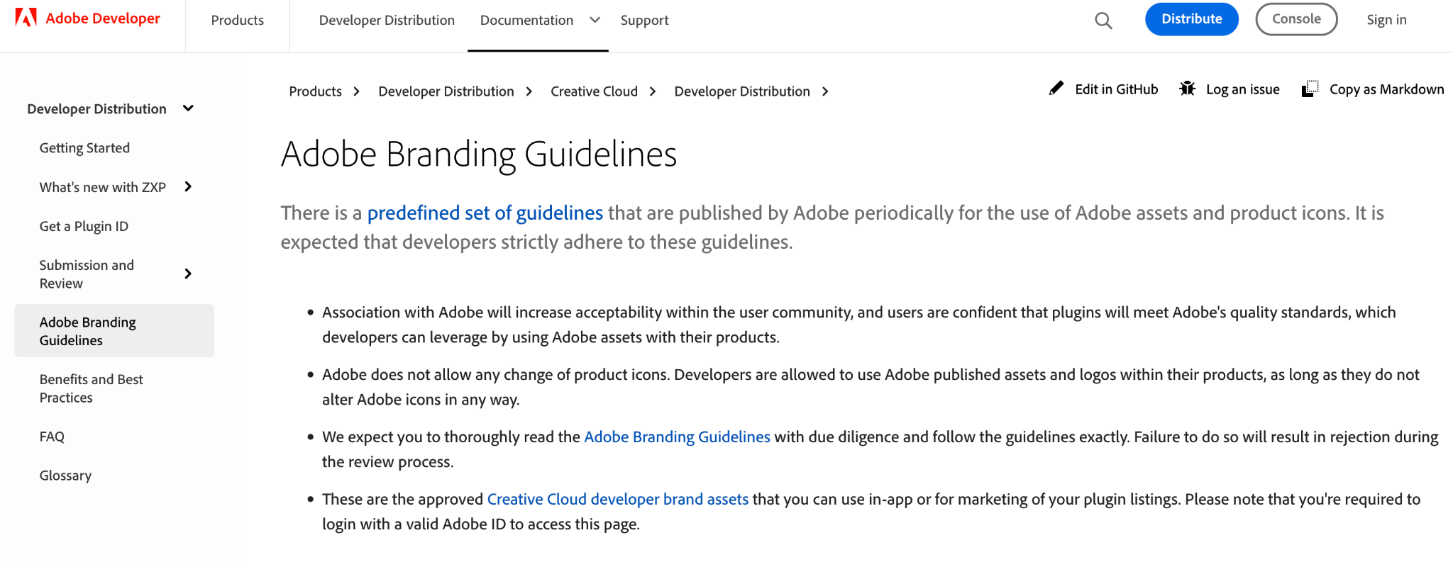Developer branding page from Adobe showing logo spacing and partner guidelines