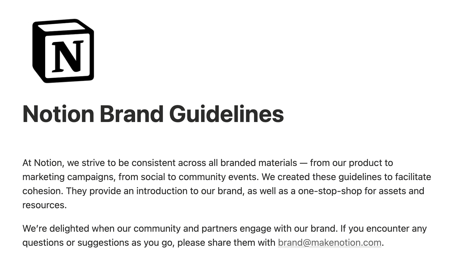 Notion style guide layout highlighting monochrome logo rules and typography