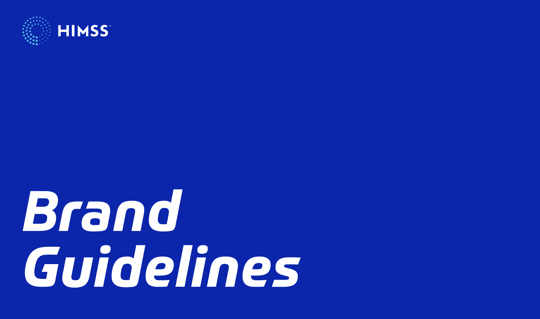 Healthcare brand standards slide from HIMSS illustrating official color palette