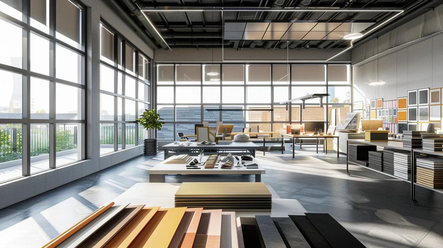 a detailed indoor view of a modern office showcasing a sleek presentation on hurricane-resistant roofing materials, featuring vibrant samples of metal, tile, and asphalt alongside architectural models illustrating various roof geometries under bright, focused lighting.