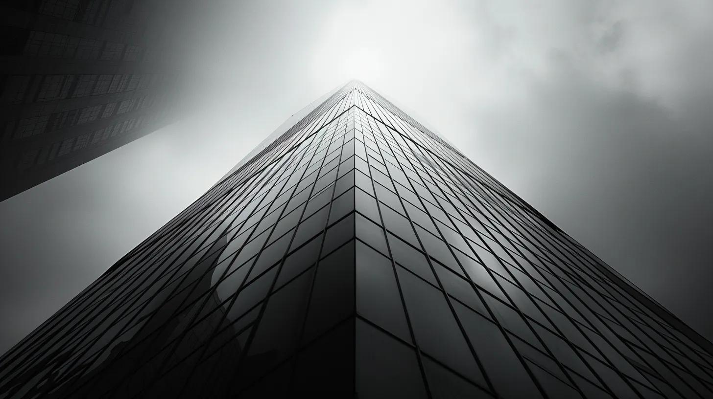 a dramatic, high-contrast image of a modern skyscraper with angular roof geometry, showcasing its sleek lines and structural resilience against simulated hurricane-force winds in a dynamic urban landscape.