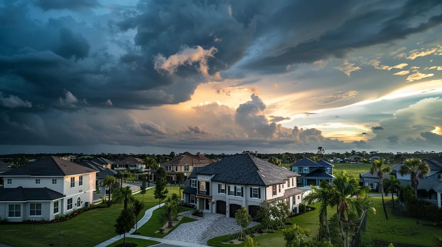 a team of local hurricane roofing contractors inspects a weathered coastal home, surrounded by an urban setting, meticulously assessing roof reinforcements under dramatic storm clouds while evaluating wind speeds and moisture risks.
