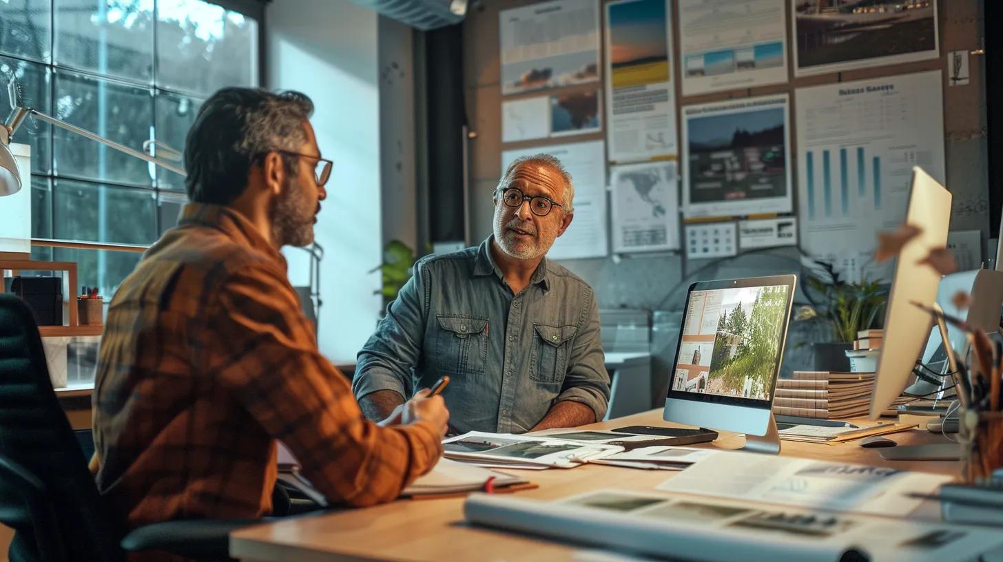 a focused shot of a local roofing contractor discussing project plans with a homeowner in a well-lit office adorned with community engagement posters and successful project portfolios displayed on the walls, emphasizing trust and accountability.