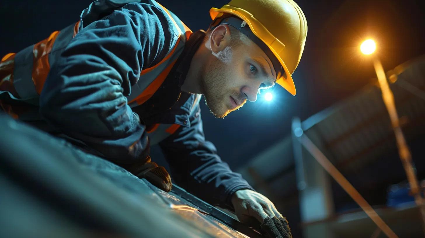 a professional roofer meticulously inspects a robust, freshly installed roof in a modern urban setting, showcasing high-quality materials and precision craftsmanship under warm, controlled indoor lighting.