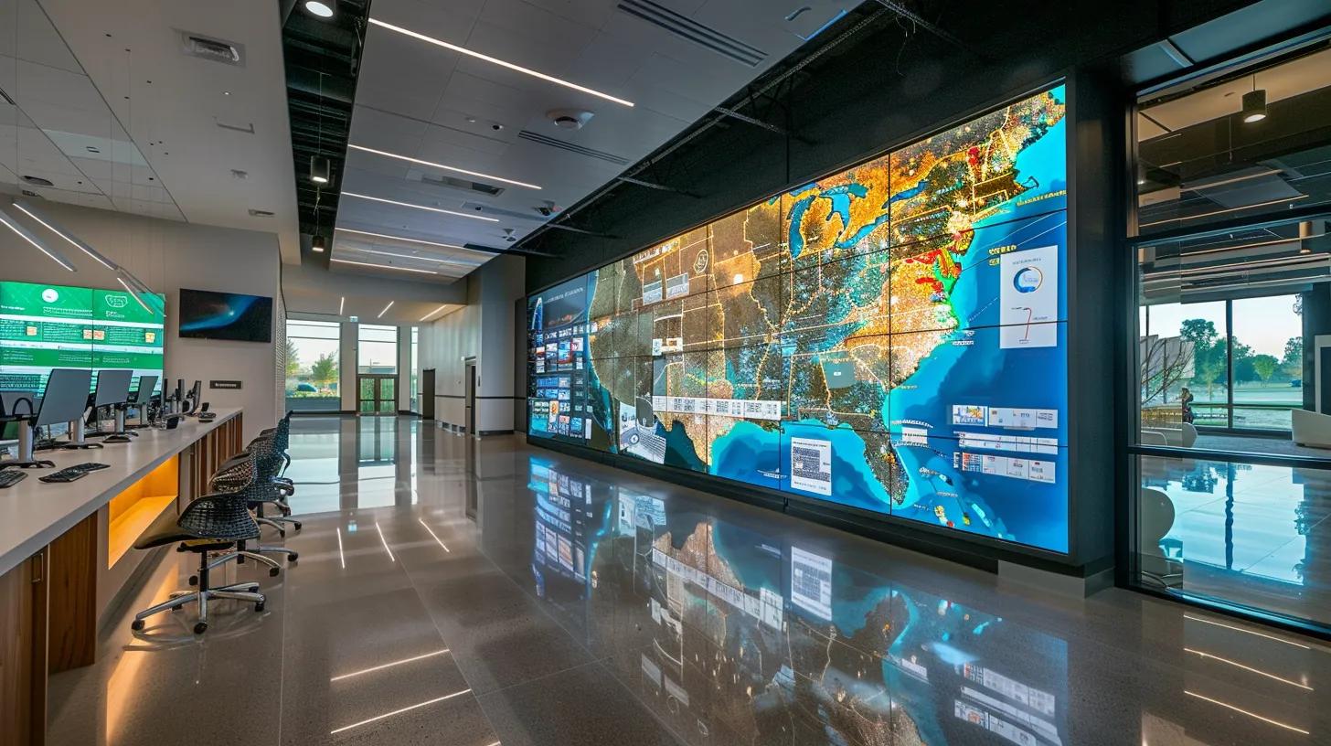 a detailed, modern office setting displays a large digital map highlighting regional hurricane roofing code variations, with prominent infographics illustrating the stringent florida building code and local texas requirements, all under bright, focused overhead lighting that emphasizes the precision of the data.