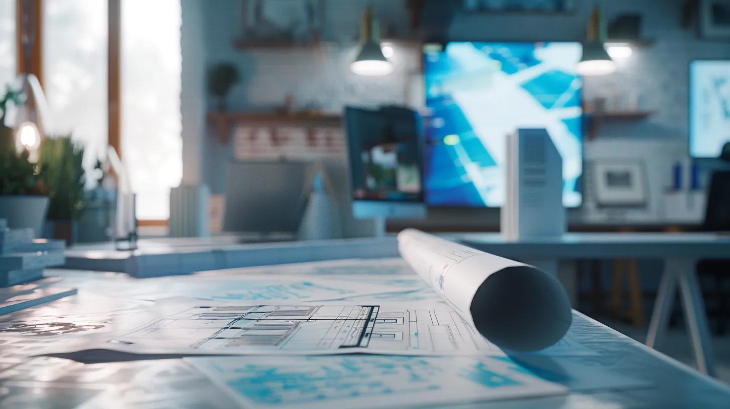 a detailed close-up of a modern office workspace displaying architectural blueprints and advanced materials samples, emphasizing the rigorous standards of hurricane roofing building codes with a backdrop of wind simulation models on a sleek digital screen.