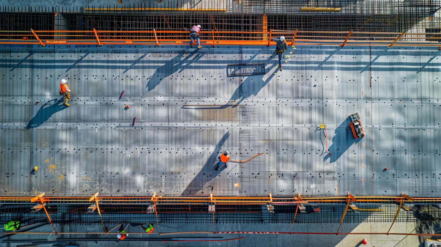 a dynamic, brightly-lit construction site showcases skilled workers meticulously installing robust metal roofing panels on a commercial building, emphasizing advanced hurricane-resistant materials and modern fastening techniques in an urban setting.