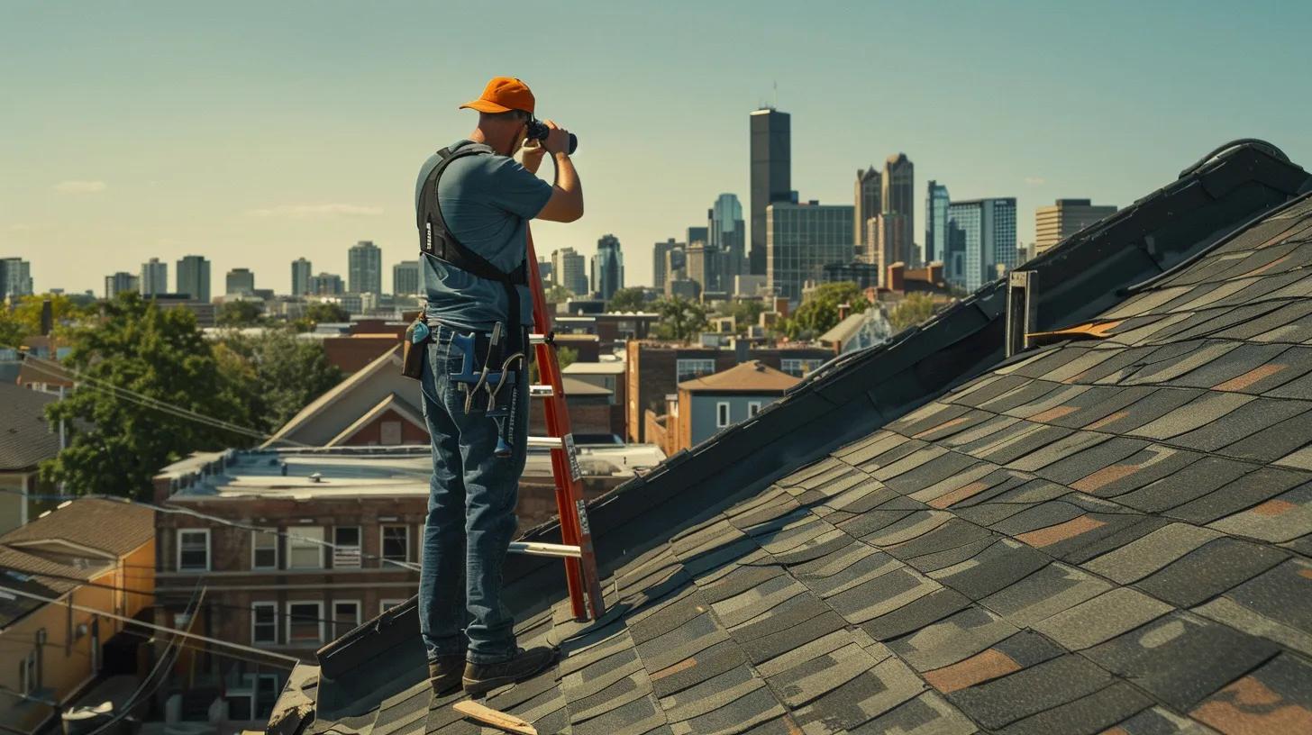 a focused inspection of a roof is underway, showcasing a professional using binoculars atop a sturdy extension ladder, surrounded by a vibrant urban skyline that highlights the importance of thorough exterior damage assessments.