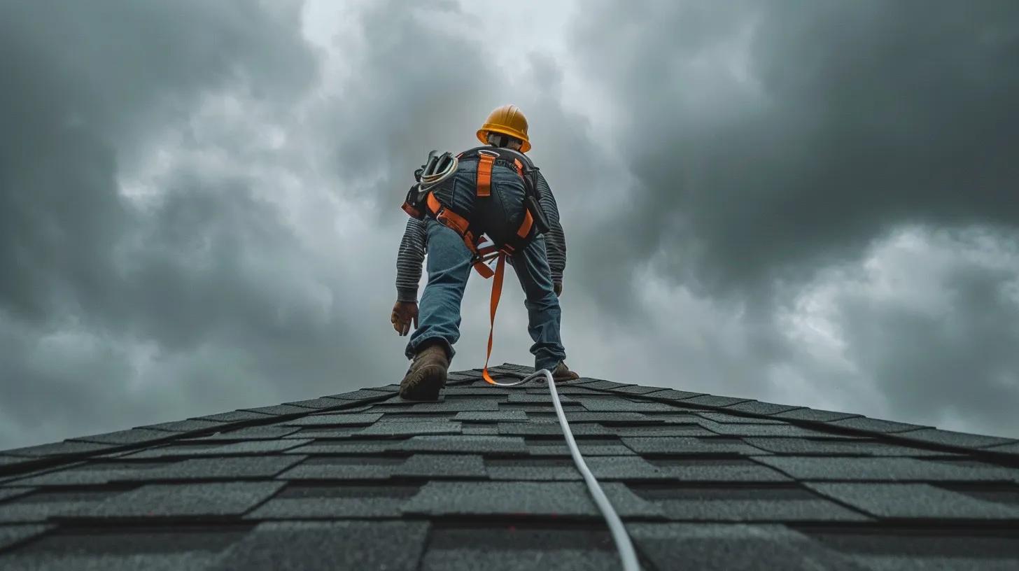 a focused roof inspection scene showcasing a homeowner methodically gearing up with a hard hat and safety harness while inspecting a damaged rooftop under dramatic overcast skies, emphasizing the importance of safety and preparedness.