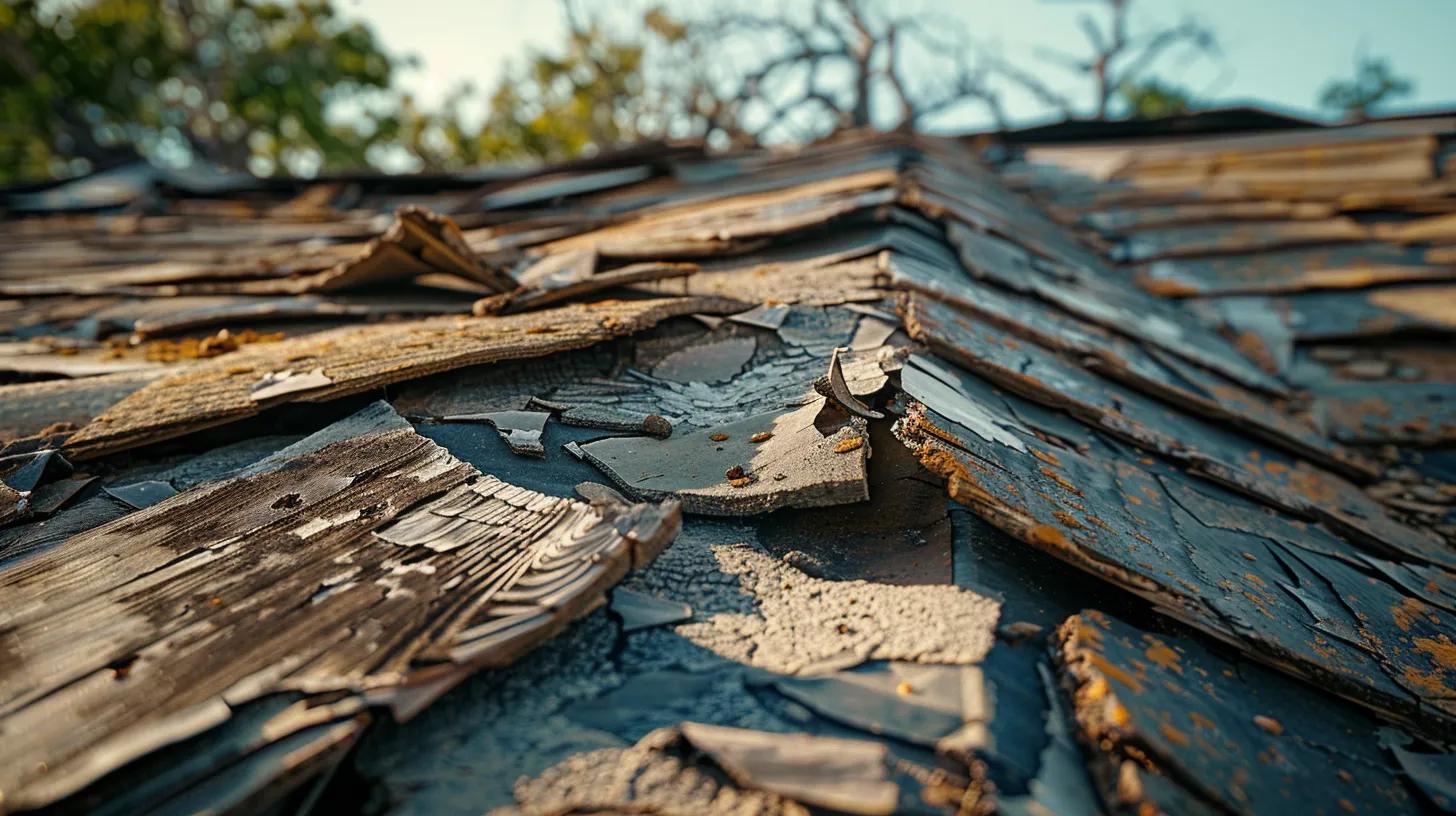 a detailed close-up of a damaged roof showcasing various types of hurricane-induced destruction, captured in an urban setting with sharp sunlight casting dramatic shadows, highlighting the urgency of necessary repairs.
