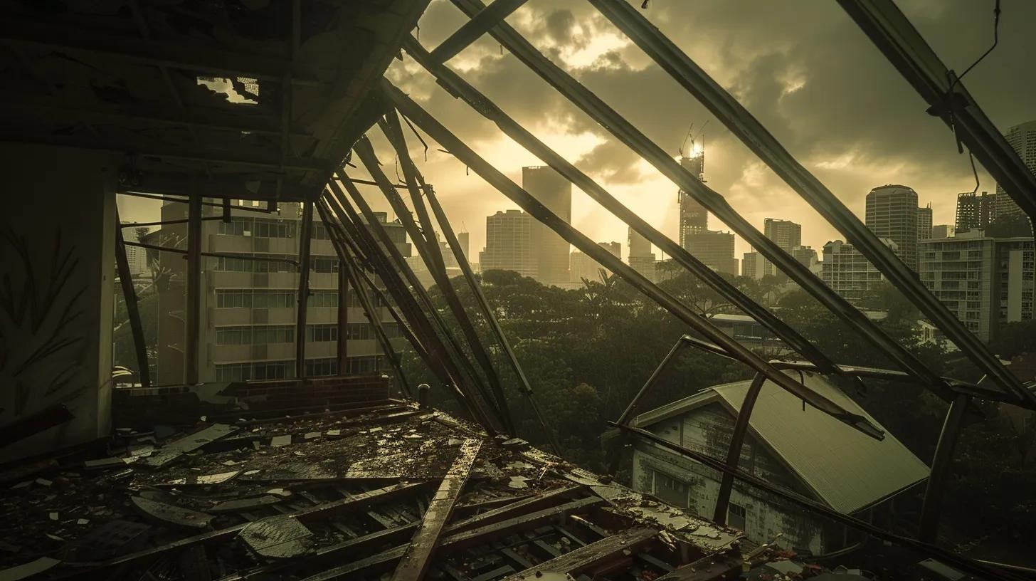 a dramatic view of a reinforced roof structure in an urban setting, visibly strained under powerful hurricane winds, showcasing the intense battle between the roof and the upward force that threatens to detach its materials.