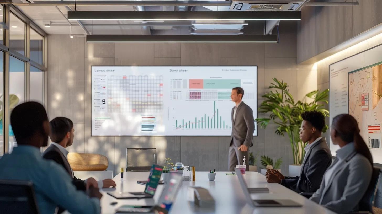 a sleek, modern office environment displays a detailed presentation on hurricane-resistant roofing materials, featuring vibrant charts and diagrams on a digital screen, while a group of attentive homeowners and contractors engage in discussion around a central conference table, illuminated by crisp overhead lighting.